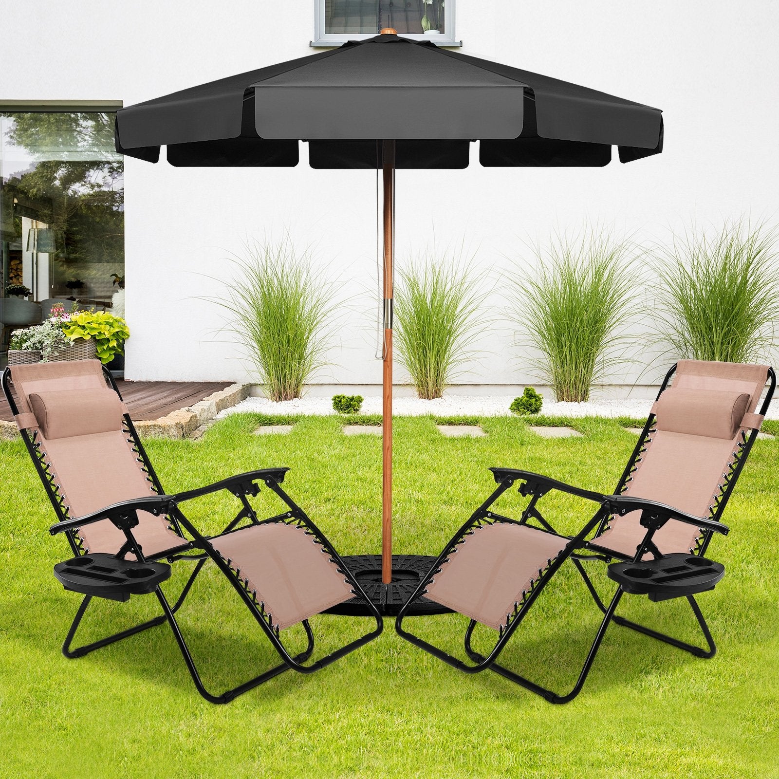 2 Pieces Folding Lounge Chair with Zero Gravity - Beige, Beige Beach & Lawn Chairs at Gallery Canada