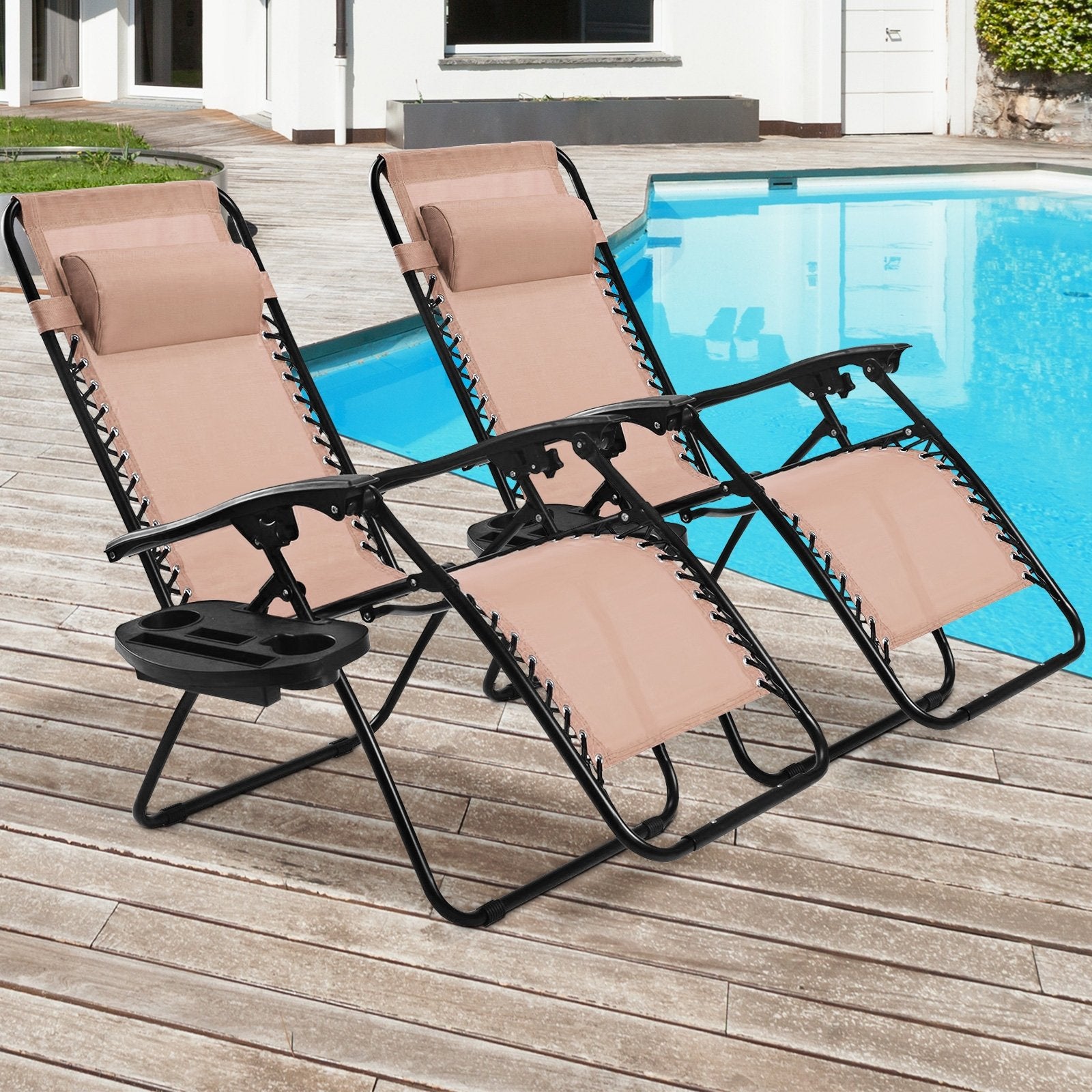 2 Pieces Folding Lounge Chair with Zero Gravity - Beige, Beige Beach & Lawn Chairs at Gallery Canada