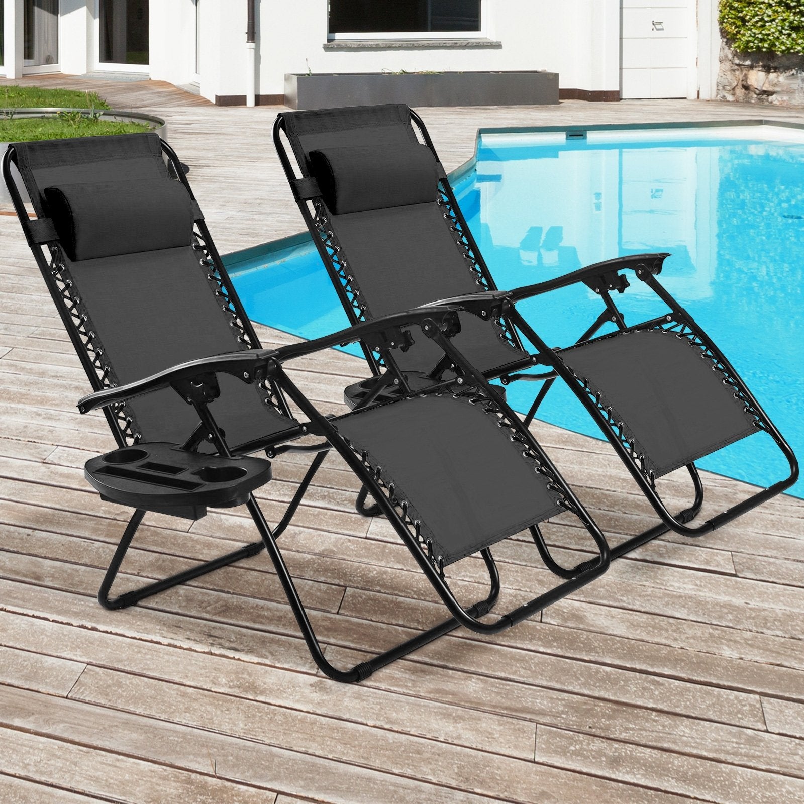 2 Pieces Folding Lounge Chair with Zero Gravity - Black, Black Beach & Lawn Chairs at Gallery Canada
