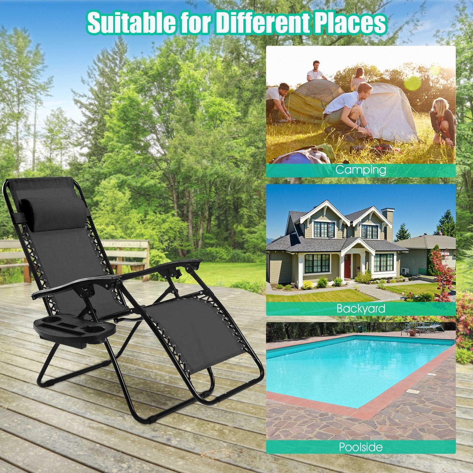 2 Pieces Folding Lounge Chair with Zero Gravity - Black, Black Beach & Lawn Chairs at Gallery Canada