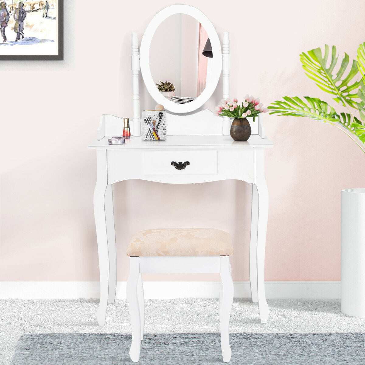 Wooden Vanity Makeup Set with Cushioned Stool and Oval Rotating Mirror, White Makeup Vanities at Gallery Canada