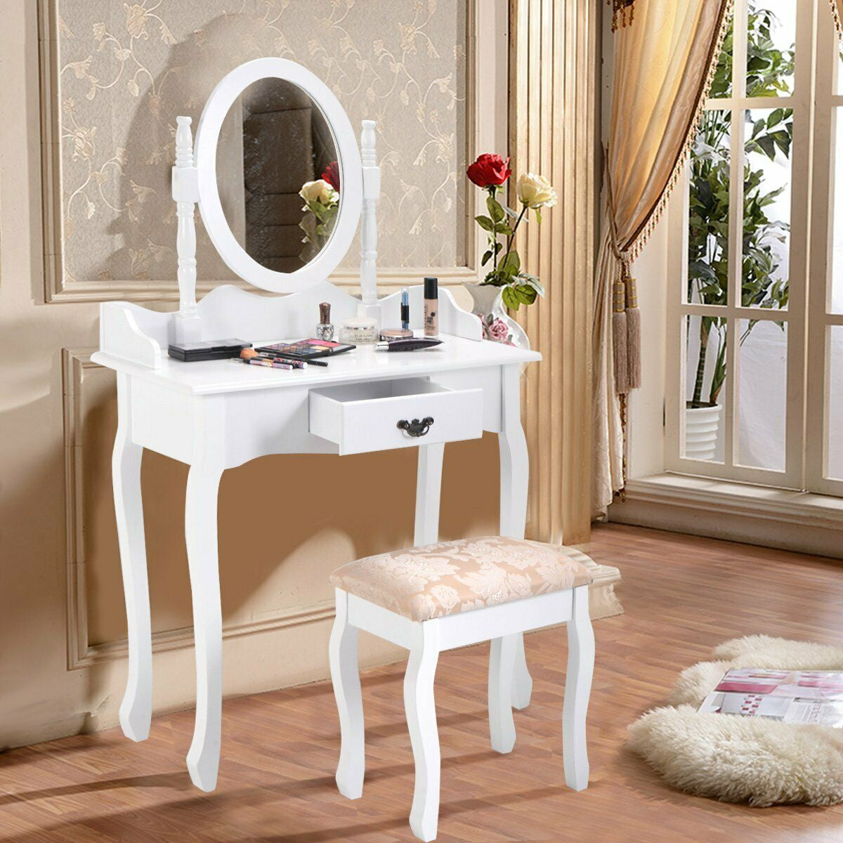 Wooden Vanity Makeup Set with Cushioned Stool and Oval Rotating Mirror, White Makeup Vanities at Gallery Canada
