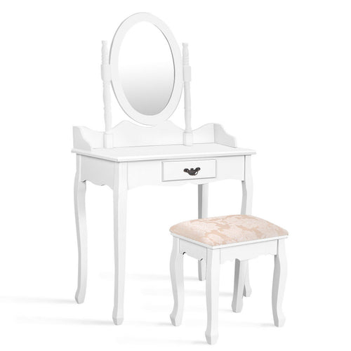 Wooden Vanity Makeup Set with Cushioned Stool and Oval Rotating Mirror, White