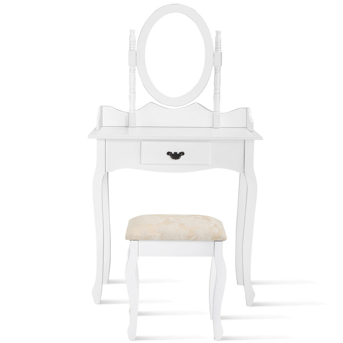 Wooden Vanity Makeup Set with Cushioned Stool and Oval Rotating Mirror, White Makeup Vanities at Gallery Canada