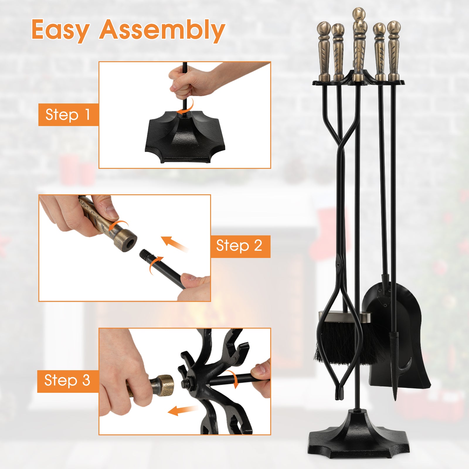 31 inch 5 Pieces Metal Fireplace Tool Set with Stand, Bronze Fireplace Tools at Gallery Canada