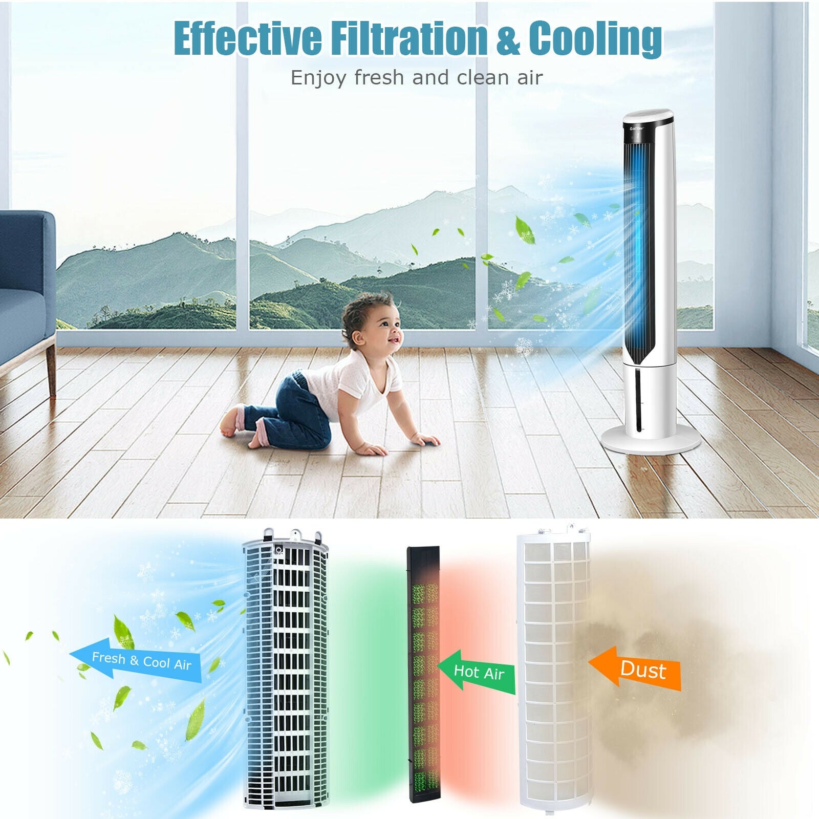 41 Inches Evaporative Air Cooler with 3 Modes and 3 Speeds, White Air Coolers at Gallery Canada