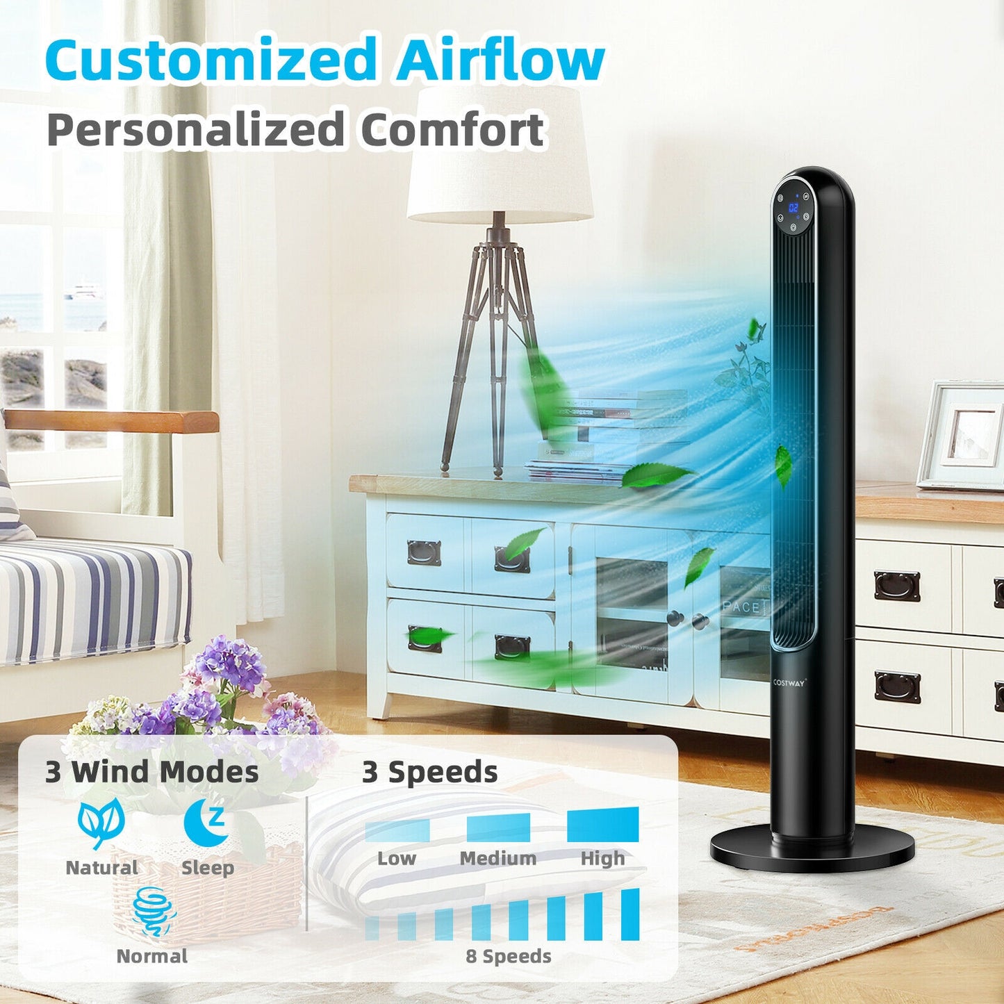 42 Inch 80 Degree Tower Fan with Smart Display Panel and Remote Control, Black Fans at Gallery Canada