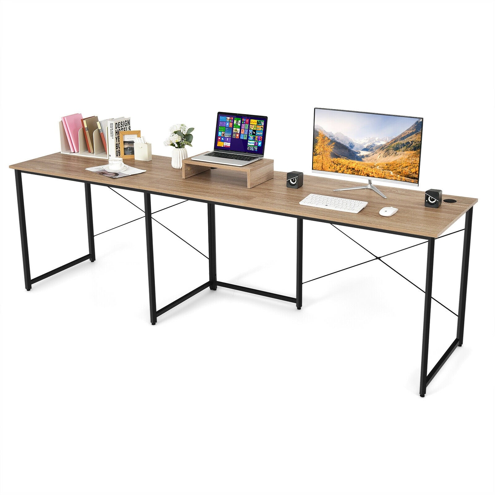 95 Inch 2-Person L-Shaped Long Reversible Computer Desk with Monitor Stand, Natural L-Shaped Desks at Gallery Canada