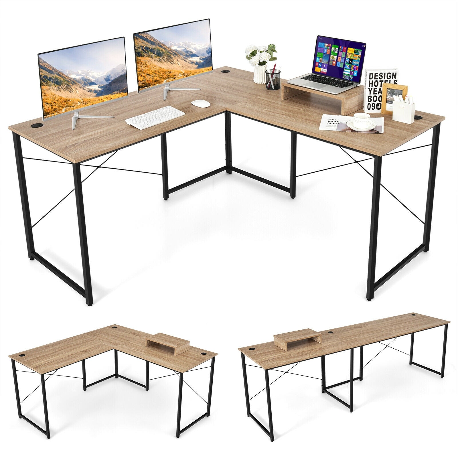 95 Inch 2-Person L-Shaped Long Reversible Computer Desk with Monitor Stand, Natural L-Shaped Desks at Gallery Canada