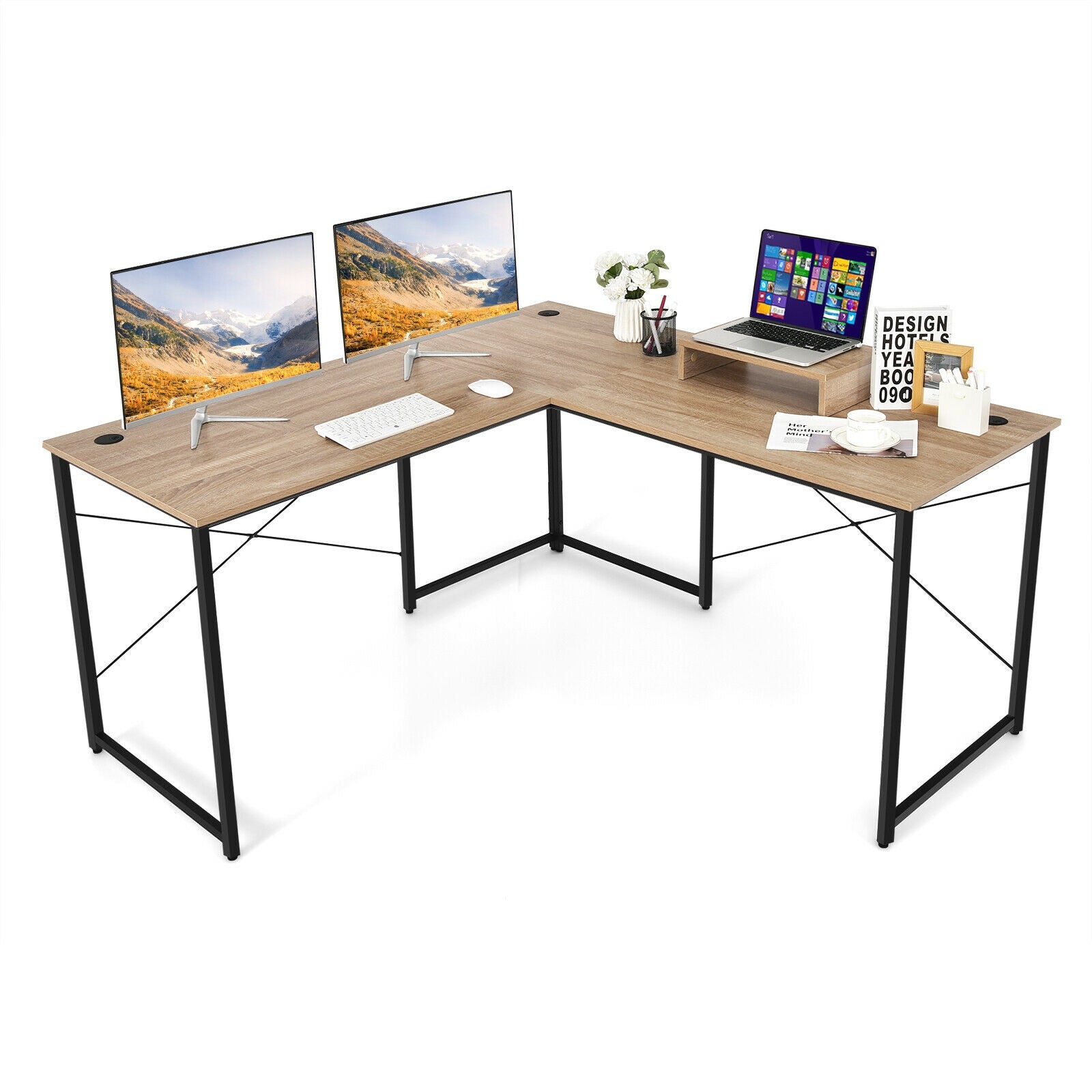 95 Inch 2-Person L-Shaped Long Reversible Computer Desk with Monitor Stand, Natural L-Shaped Desks at Gallery Canada