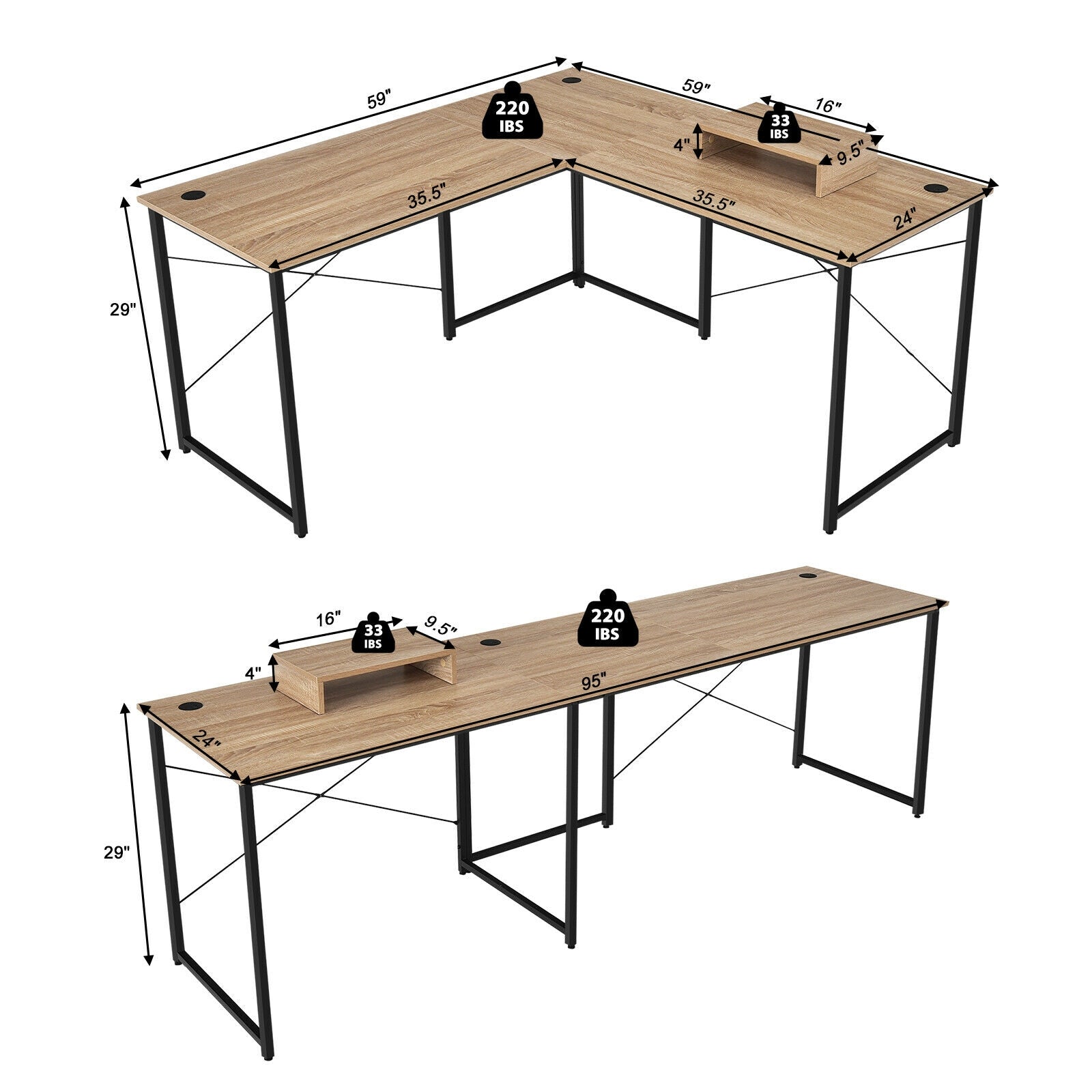 95 Inch 2-Person L-Shaped Long Reversible Computer Desk with Monitor Stand, Natural L-Shaped Desks at Gallery Canada