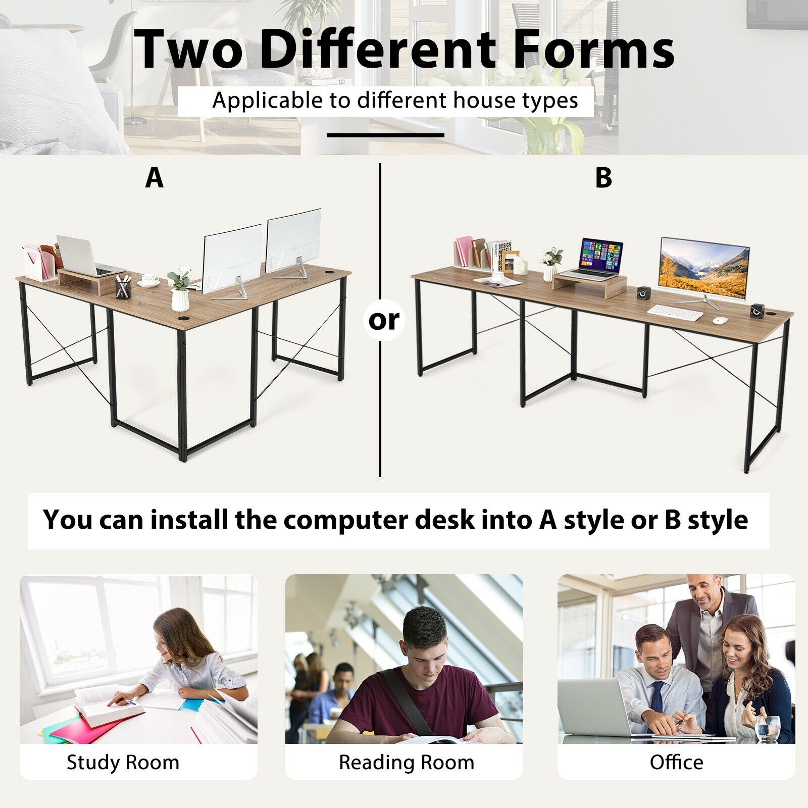 95 Inch 2-Person L-Shaped Long Reversible Computer Desk with Monitor Stand, Natural L-Shaped Desks at Gallery Canada