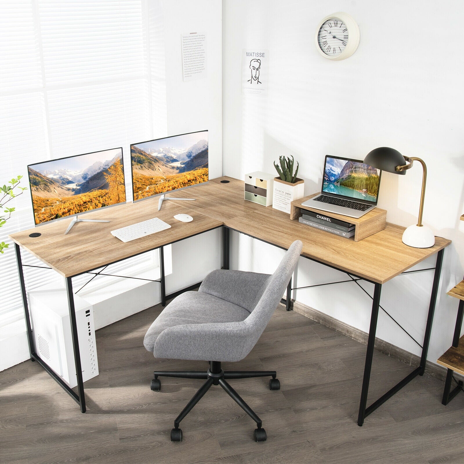 95 Inch 2-Person L-Shaped Long Reversible Computer Desk with Monitor Stand, Natural L-Shaped Desks at Gallery Canada