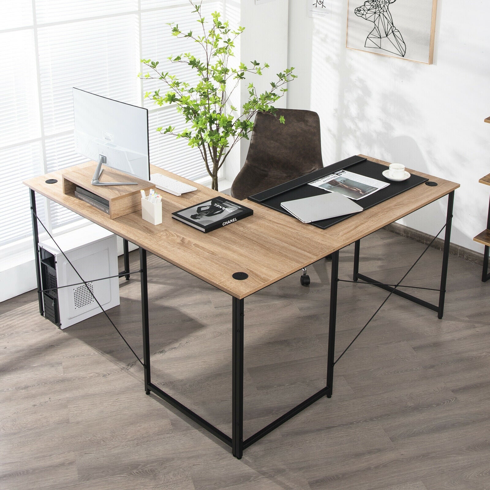 95 Inch 2-Person L-Shaped Long Reversible Computer Desk with Monitor Stand, Natural L-Shaped Desks at Gallery Canada