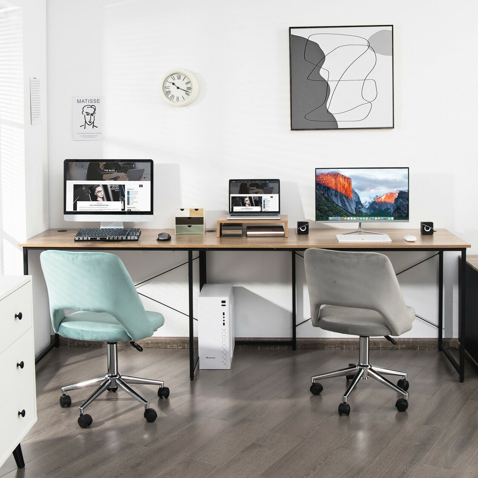 95 Inch 2-Person L-Shaped Long Reversible Computer Desk with Monitor Stand, Natural L-Shaped Desks at Gallery Canada