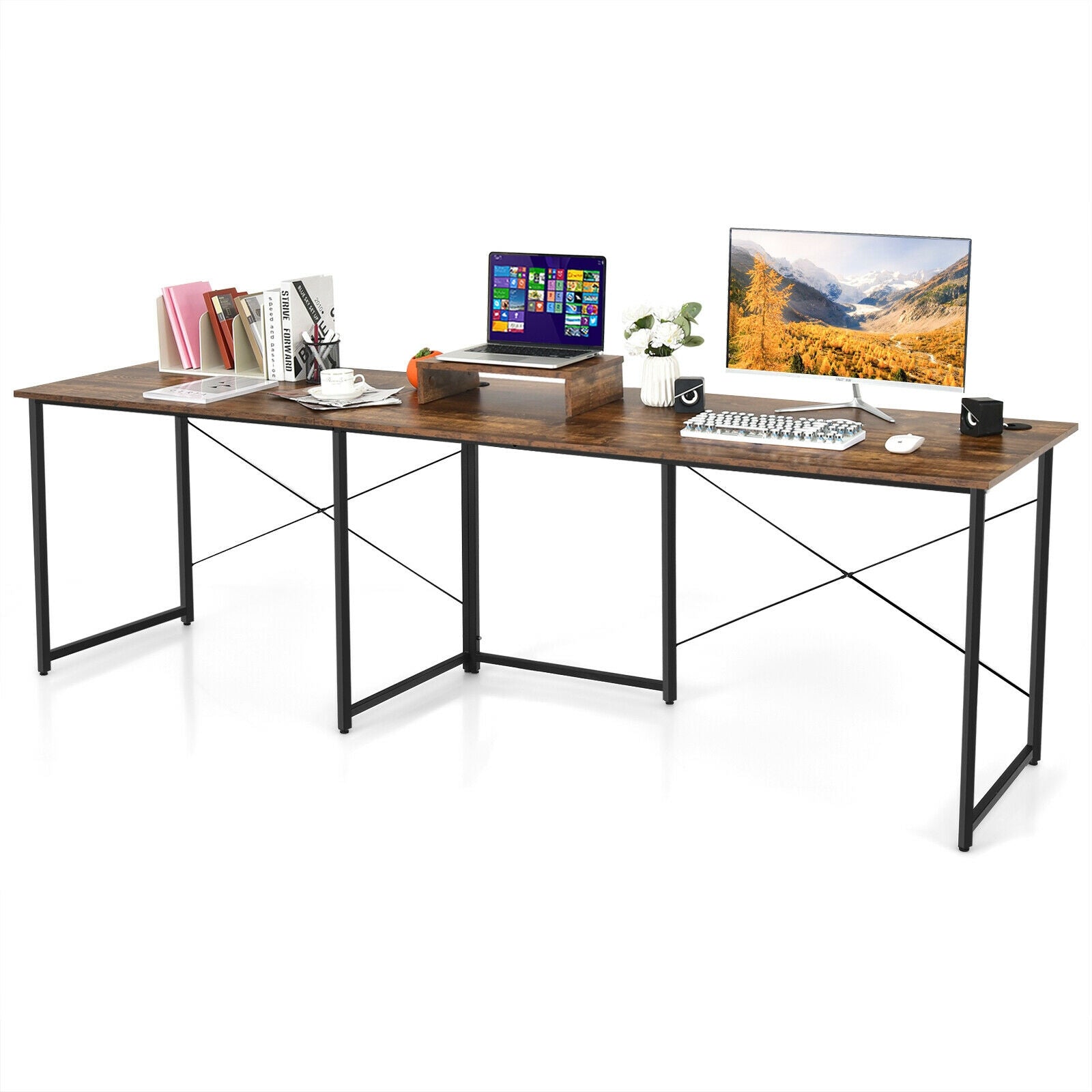 95 Inch 2-Person L-Shaped Long Reversible Computer Desk with Monitor Stand, Rustic Brown L-Shaped Desks at Gallery Canada