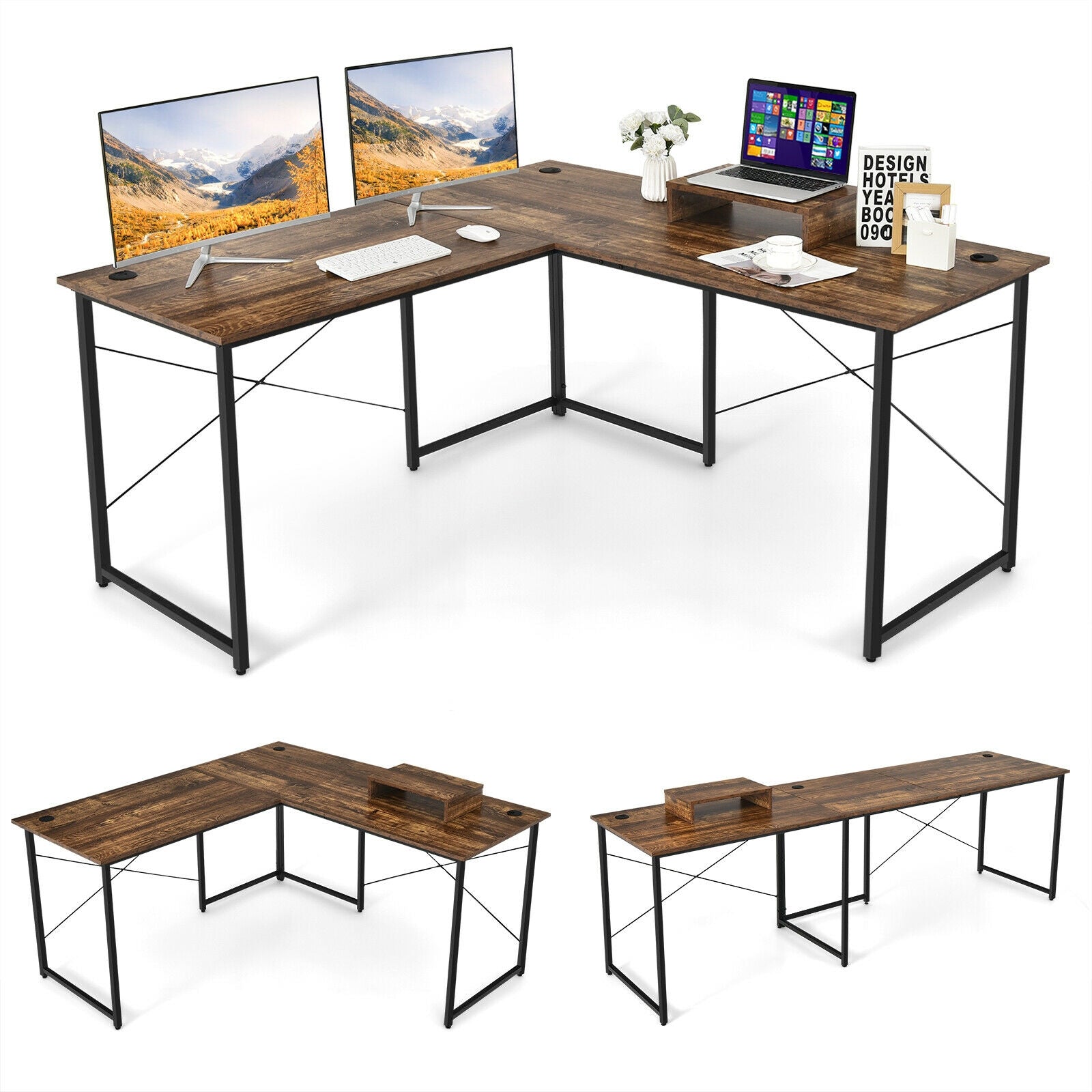 95 Inch 2-Person L-Shaped Long Reversible Computer Desk with Monitor Stand, Rustic Brown L-Shaped Desks at Gallery Canada