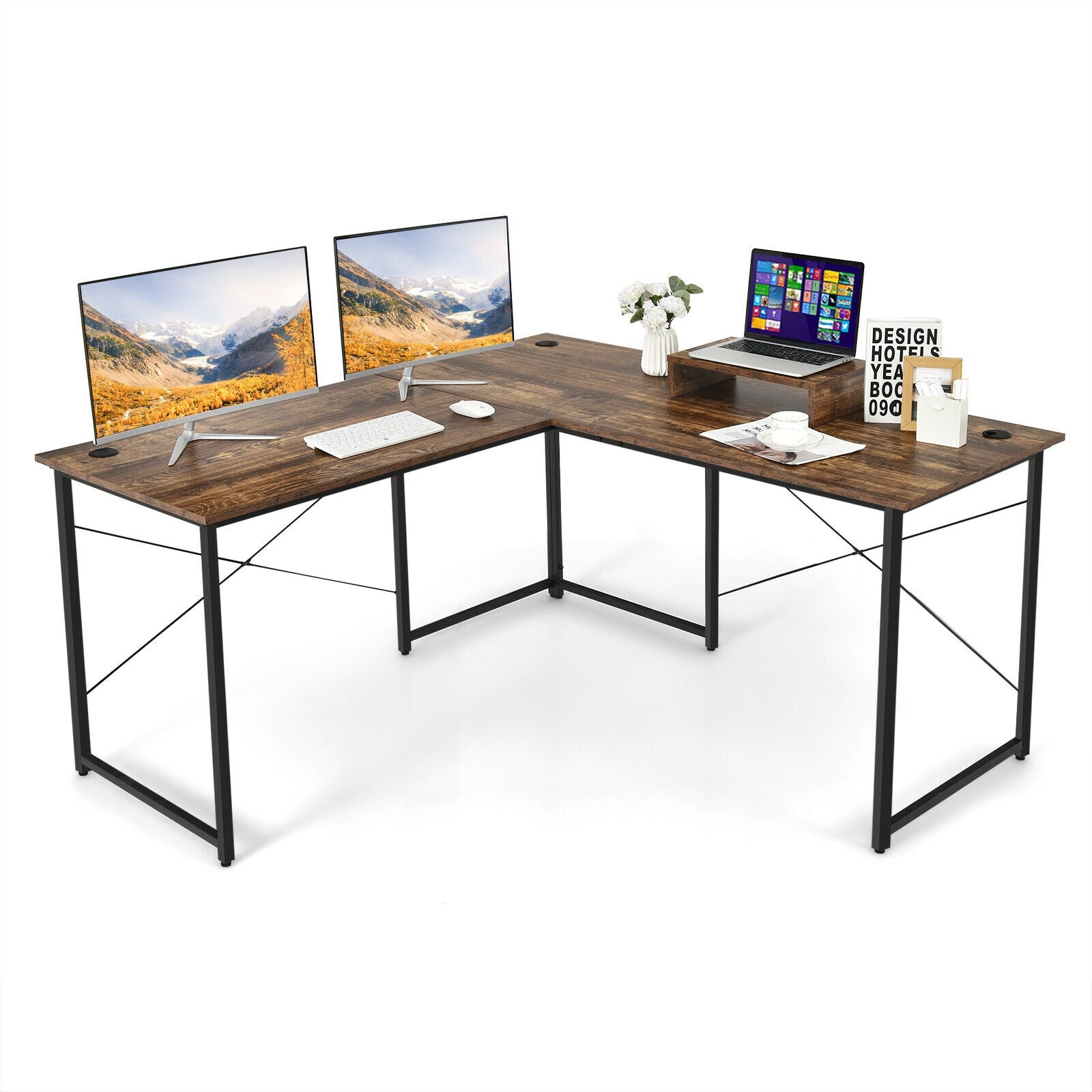 95 Inch 2-Person L-Shaped Long Reversible Computer Desk with Monitor Stand, Rustic Brown L-Shaped Desks at Gallery Canada