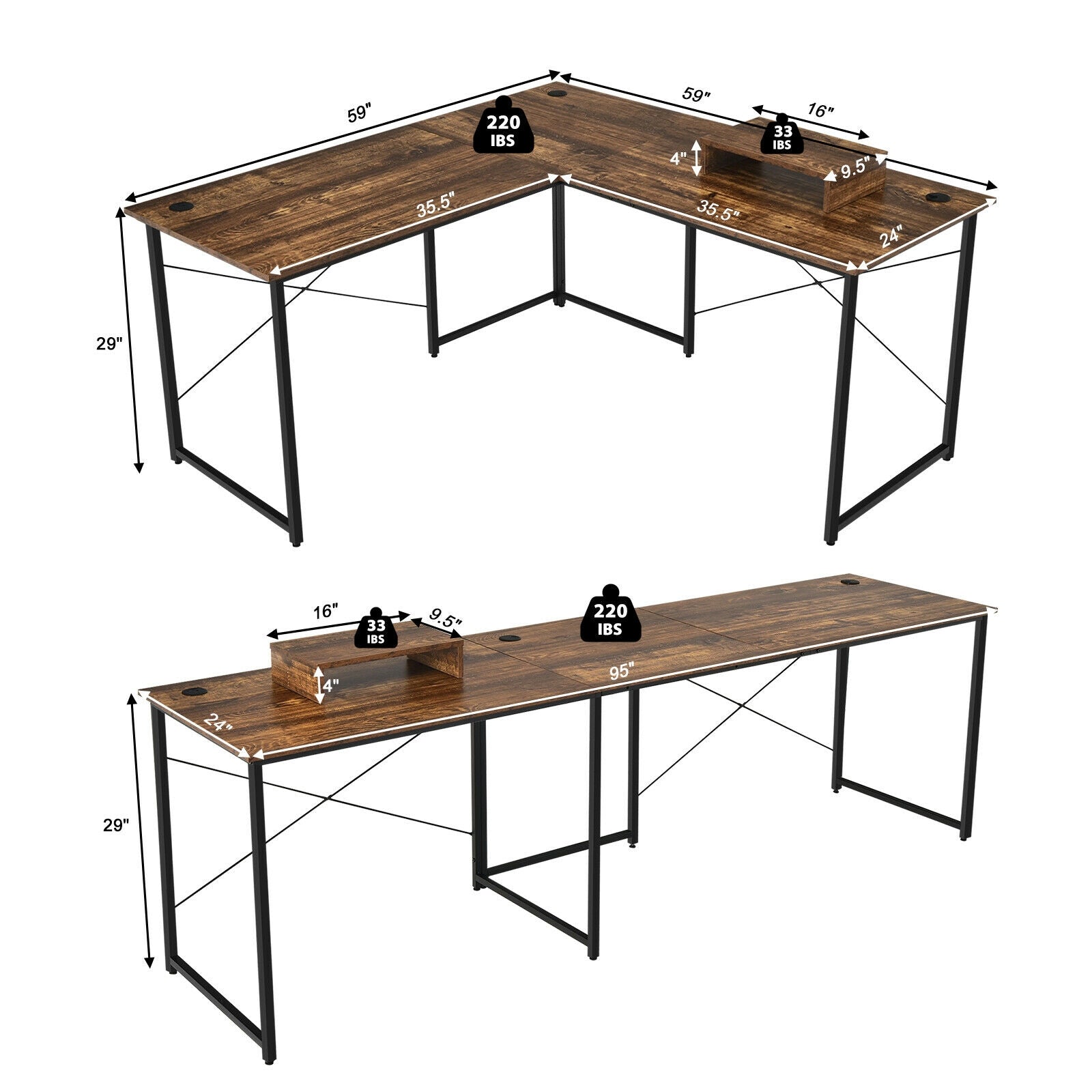 95 Inch 2-Person L-Shaped Long Reversible Computer Desk with Monitor Stand, Rustic Brown L-Shaped Desks at Gallery Canada