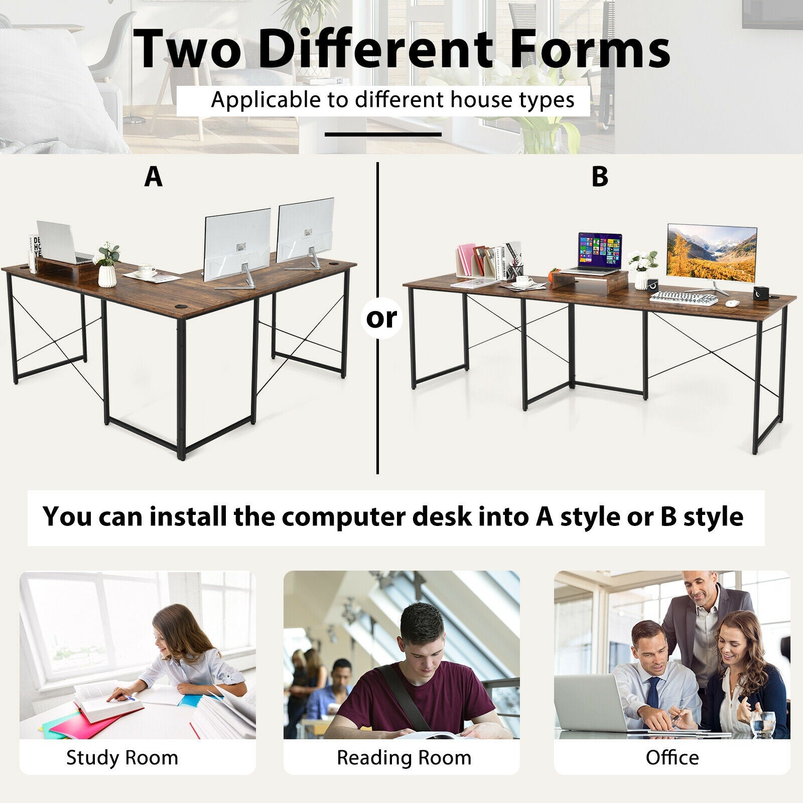 95 Inch 2-Person L-Shaped Long Reversible Computer Desk with Monitor Stand, Rustic Brown L-Shaped Desks at Gallery Canada