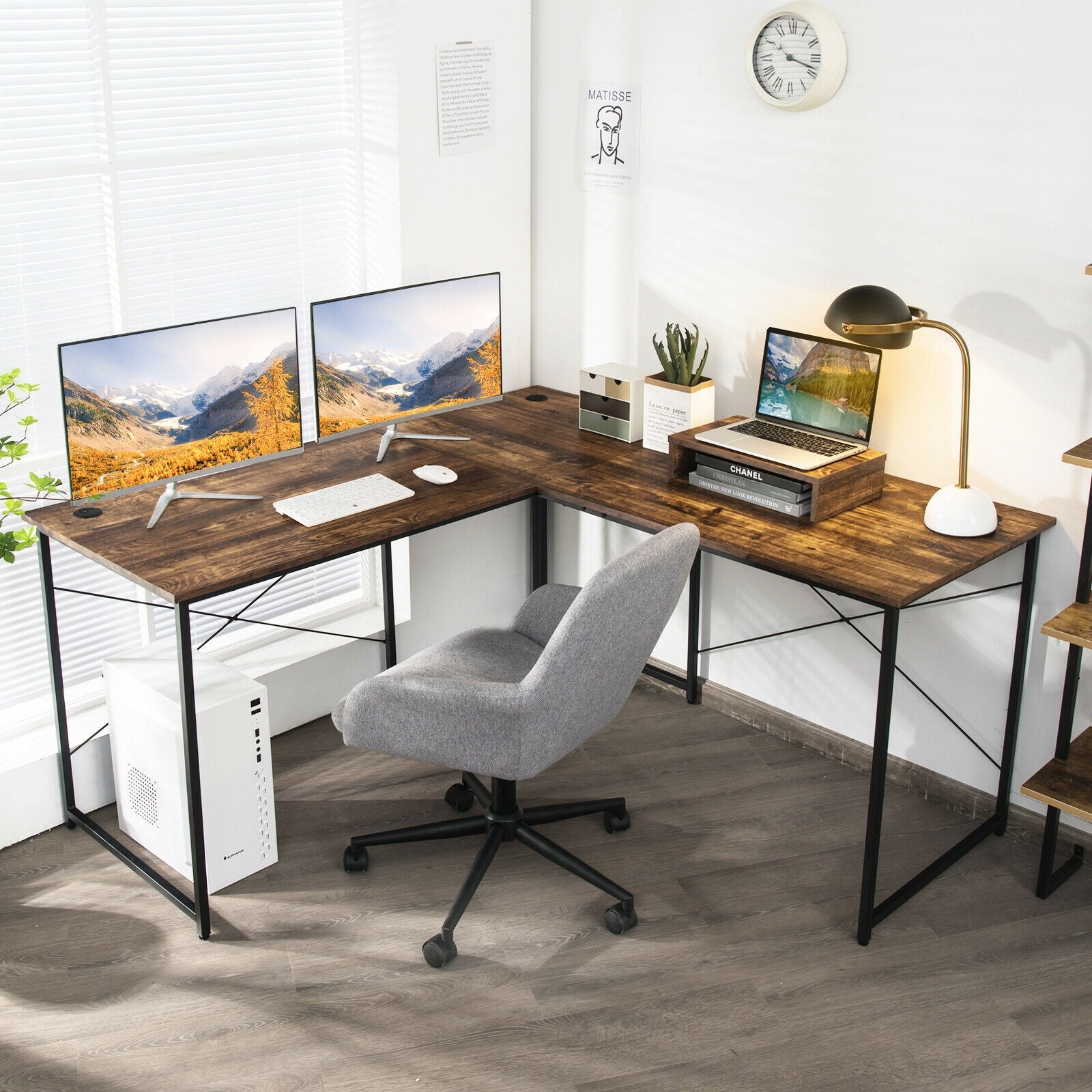 95 Inch 2-Person L-Shaped Long Reversible Computer Desk with Monitor Stand, Rustic Brown L-Shaped Desks at Gallery Canada