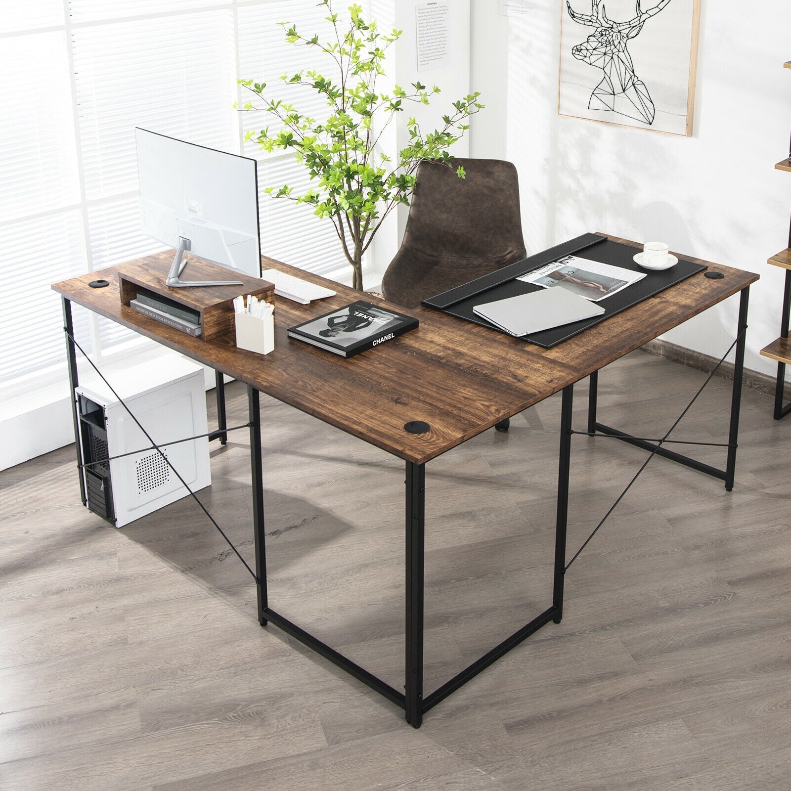 95 Inch 2-Person L-Shaped Long Reversible Computer Desk with Monitor Stand, Rustic Brown L-Shaped Desks at Gallery Canada
