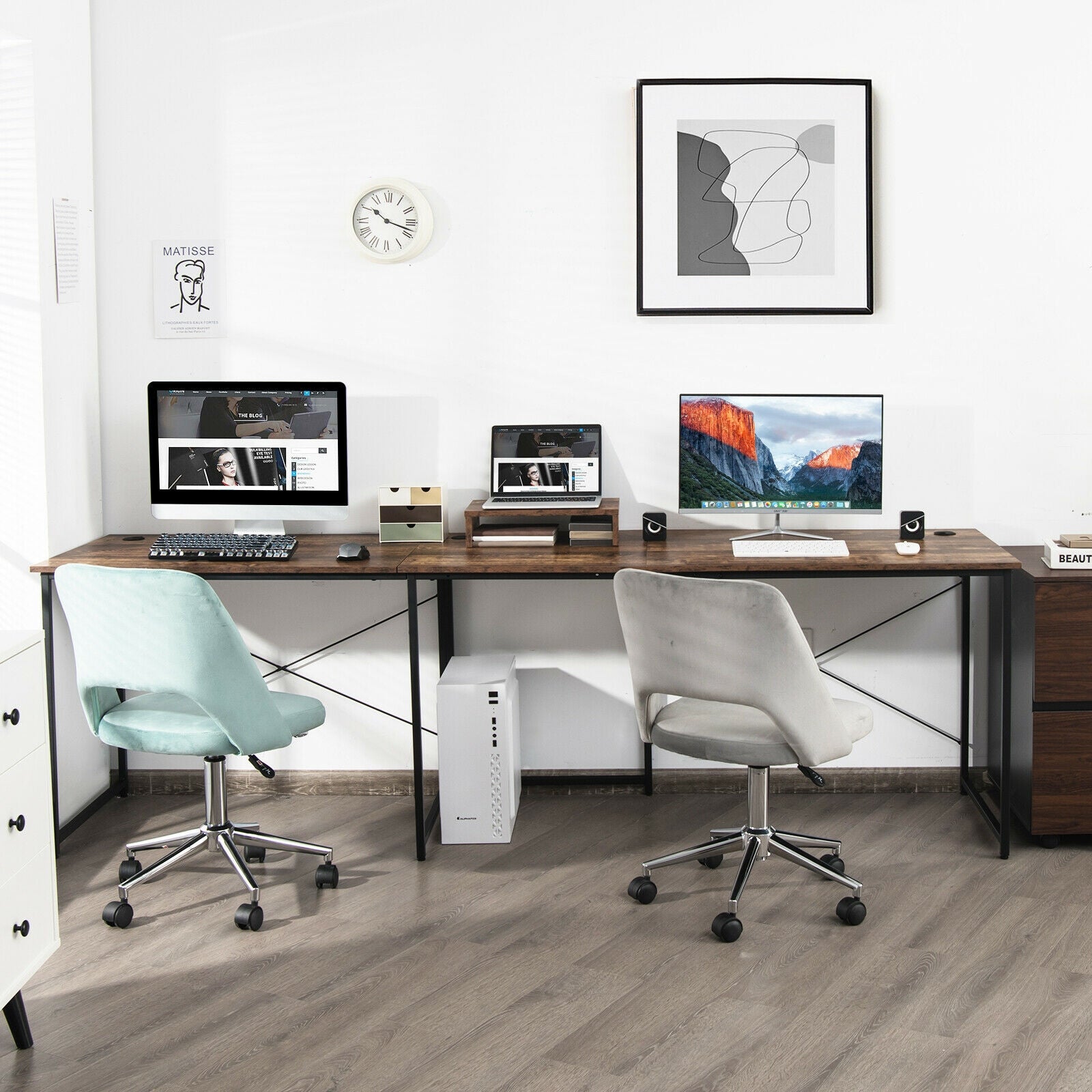 95 Inch 2-Person L-Shaped Long Reversible Computer Desk with Monitor Stand, Rustic Brown L-Shaped Desks at Gallery Canada