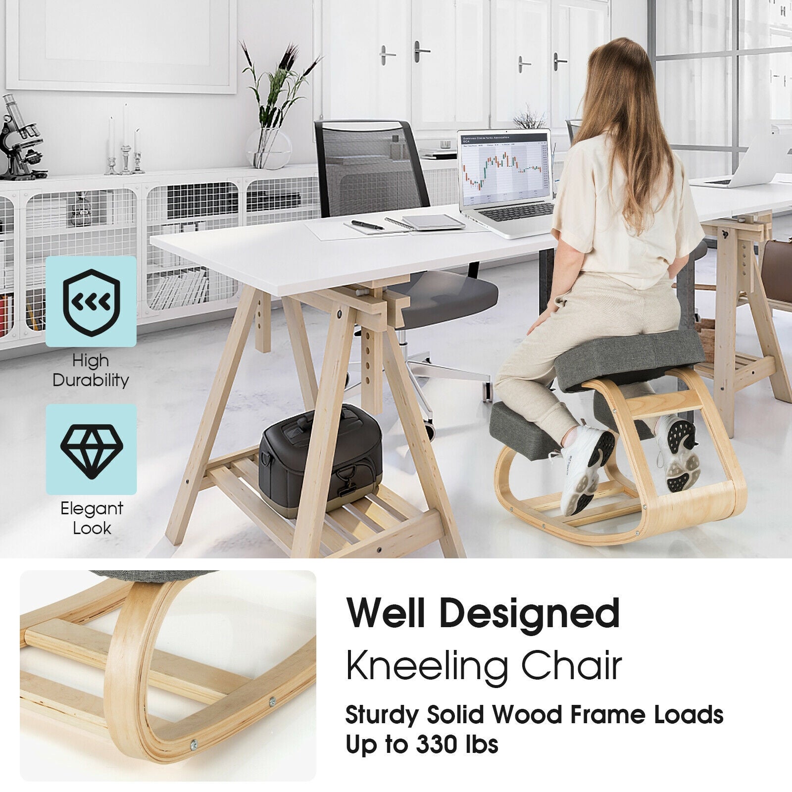 Ergonomic Kneeling Chair Rocking Office Desk Stool Upright Posture, Gray Kneeling Chiars at Gallery Canada