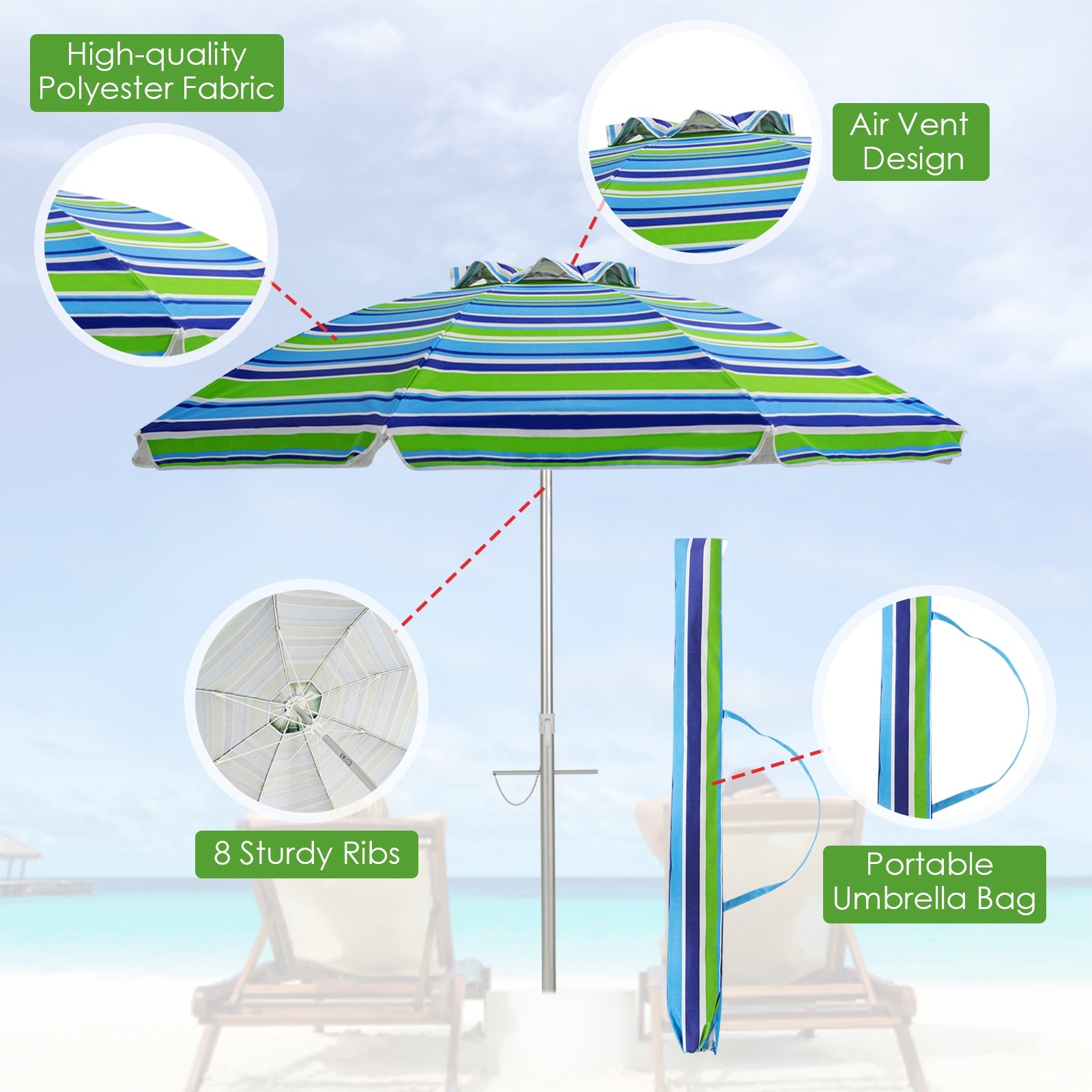 6.5 Feet Beach Umbrella with Sun Shade and Carry Bag without Weight Base, Green Outdoor Umbrellas at Gallery Canada