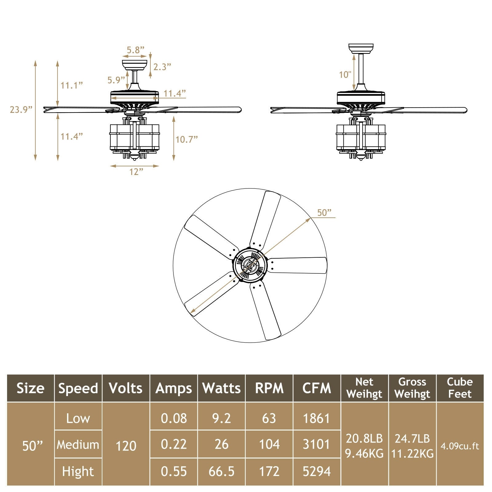 50 Inch Noiseless Ceiling Fan Light with Explosion-proof Glass Lampshades, Black Ceiling Fans at Gallery Canada