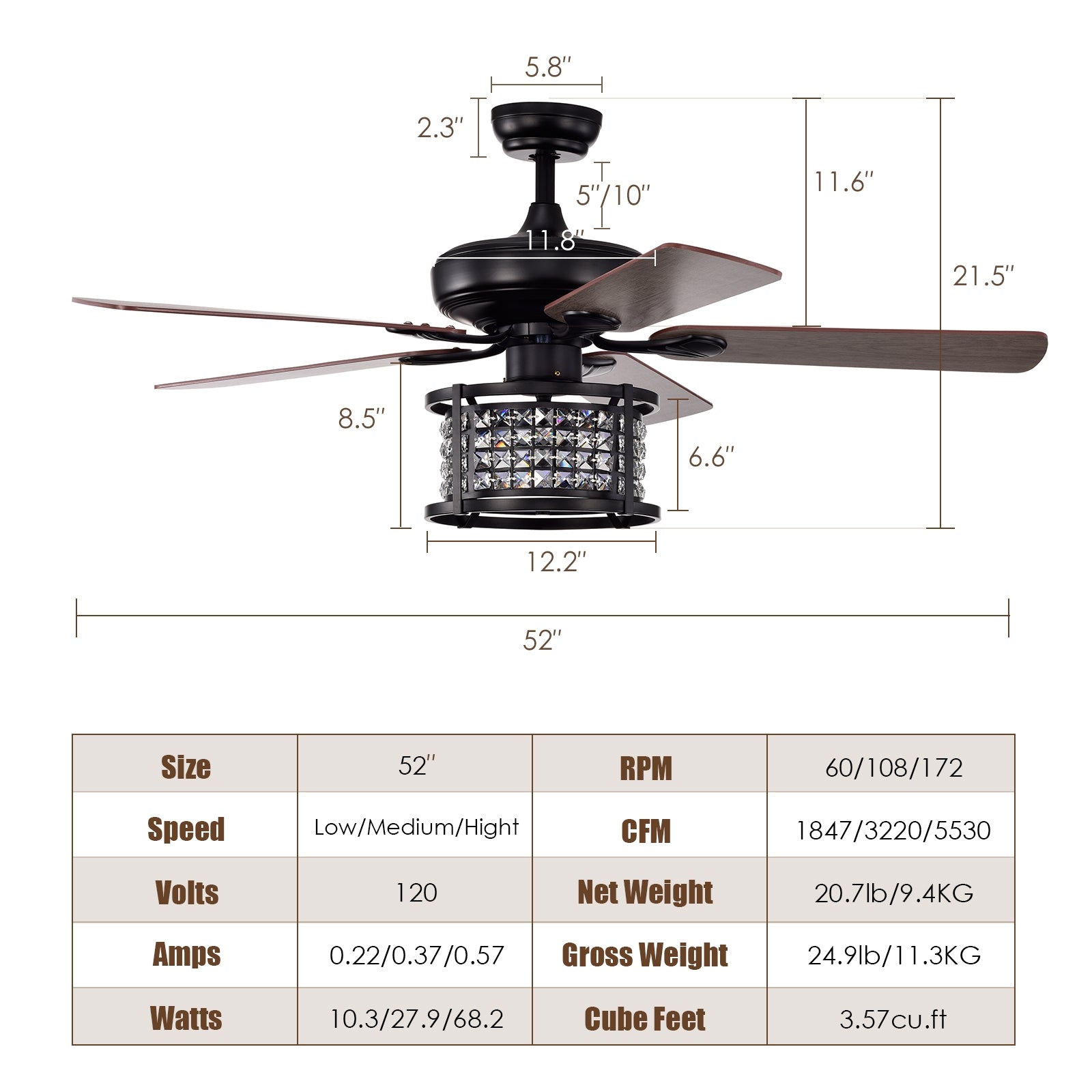 52 Inch 3-Speed Crystal Ceiling Fan Light with Remote Control, Black Ceiling Fans at Gallery Canada