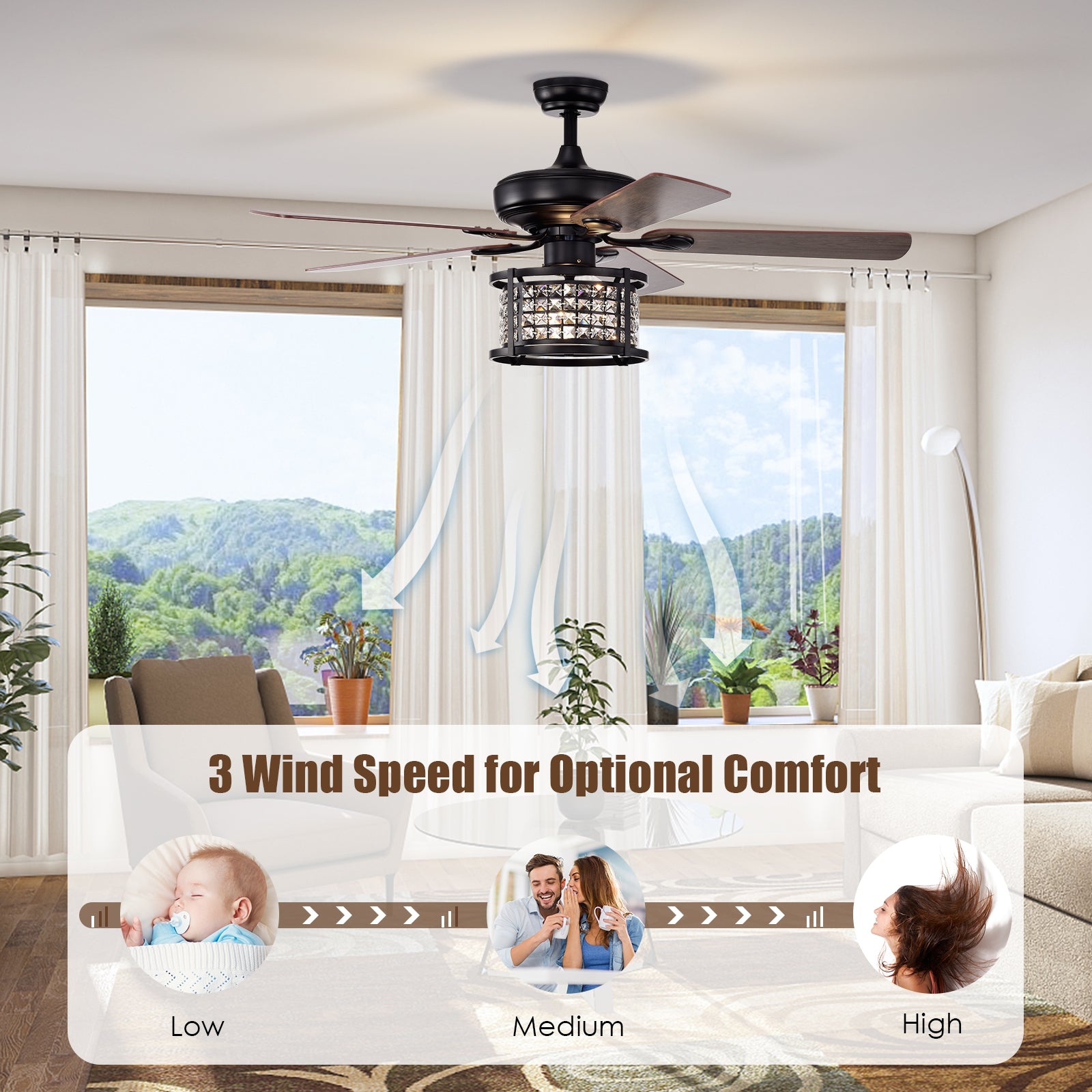 52 Inch 3-Speed Crystal Ceiling Fan Light with Remote Control, Black Ceiling Fans at Gallery Canada