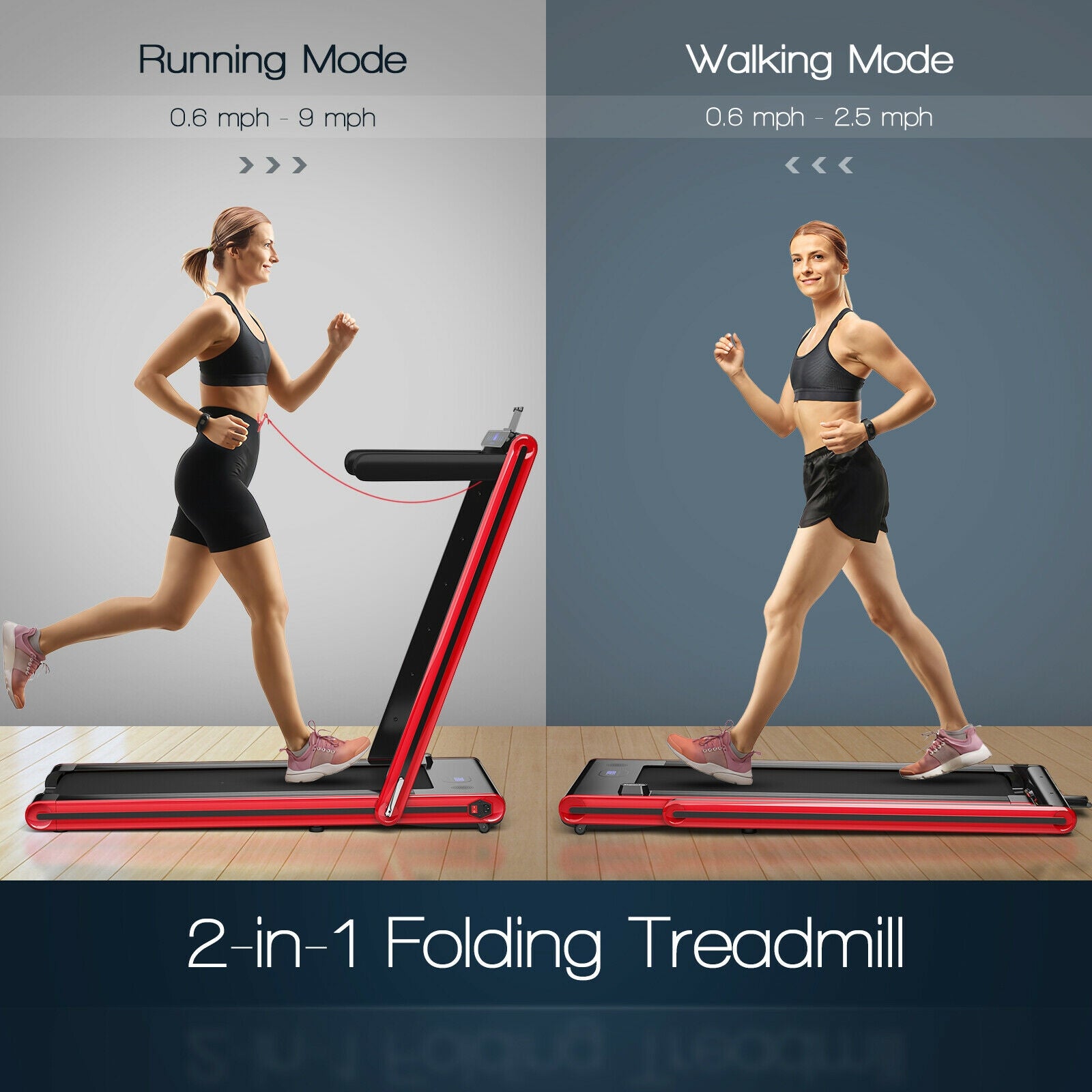 2-in-1 Folding Treadmill 2.25HP Jogging Machine with Dual LED Display, Red Treadmills at Gallery Canada