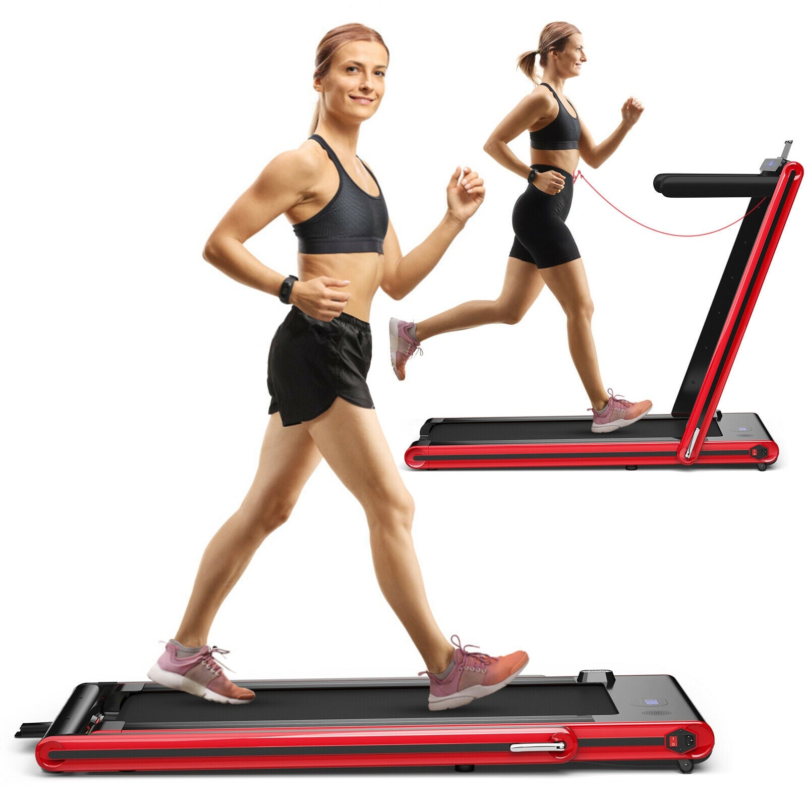 2-in-1 Folding Treadmill 2.25HP Jogging Machine with Dual LED Display, Red Treadmills at Gallery Canada
