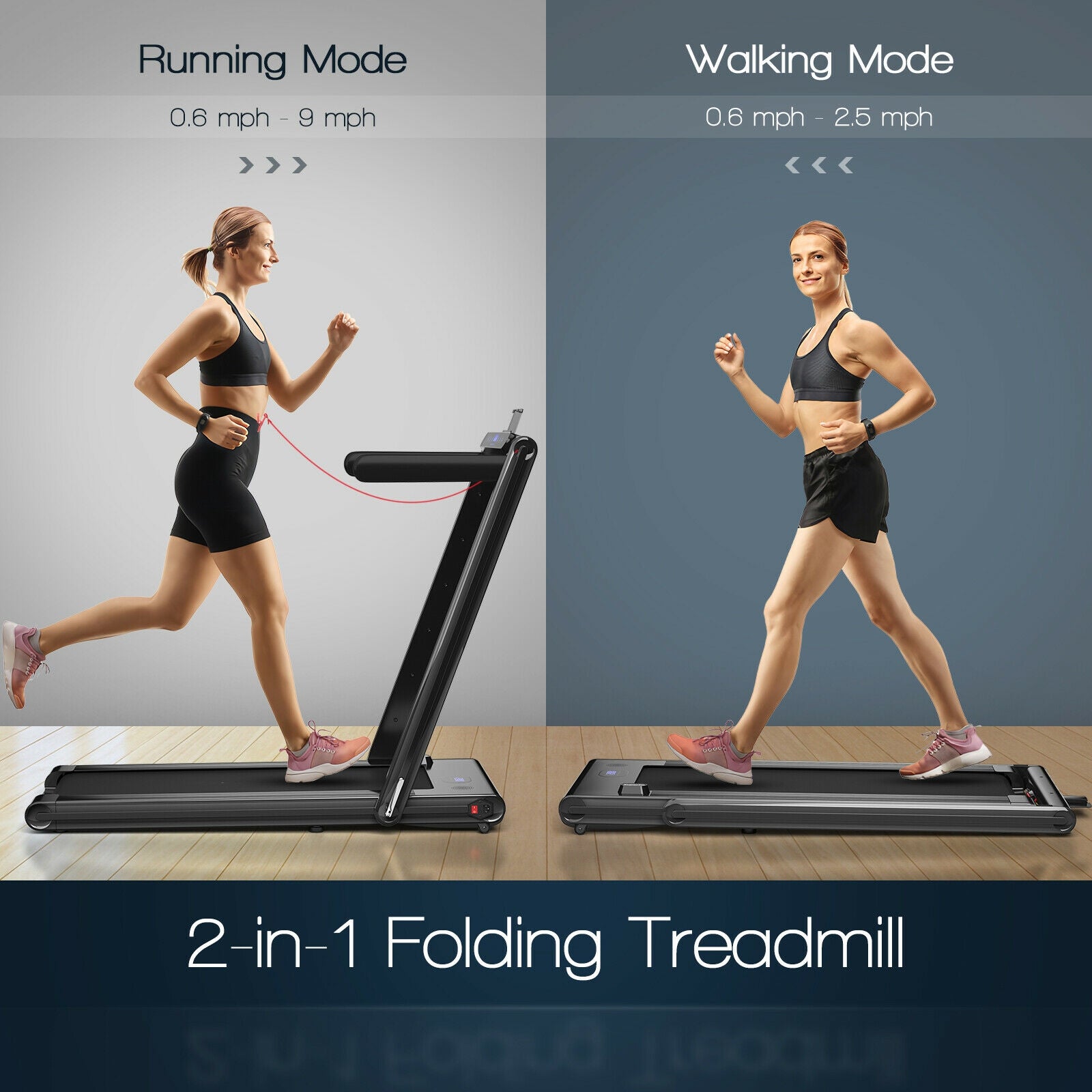 2-in-1 Folding Treadmill 2.25HP Jogging Machine with Dual LED Display, Black Treadmills at Gallery Canada