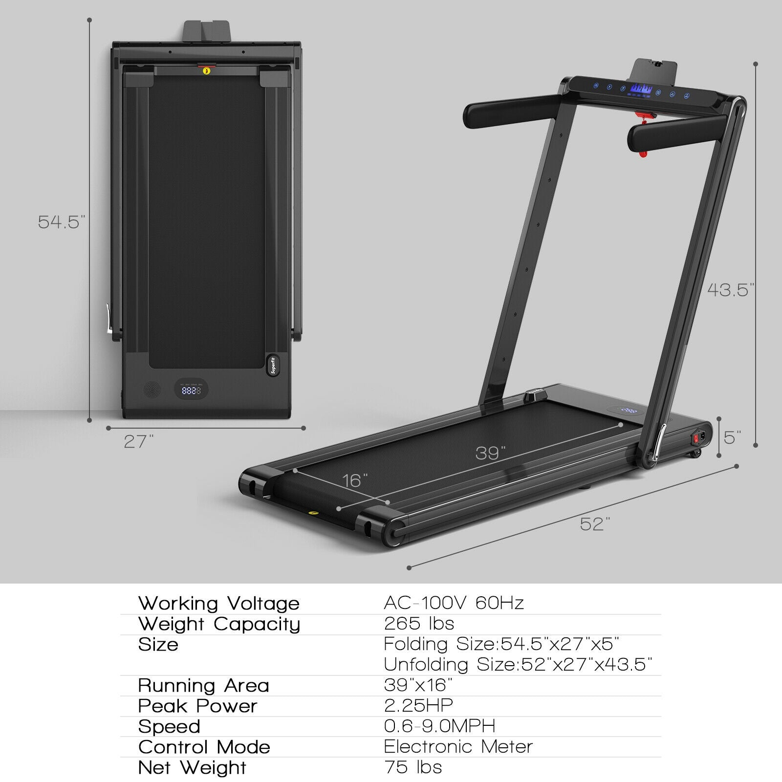 2-in-1 Folding Treadmill 2.25HP Jogging Machine with Dual LED Display, Black Treadmills at Gallery Canada