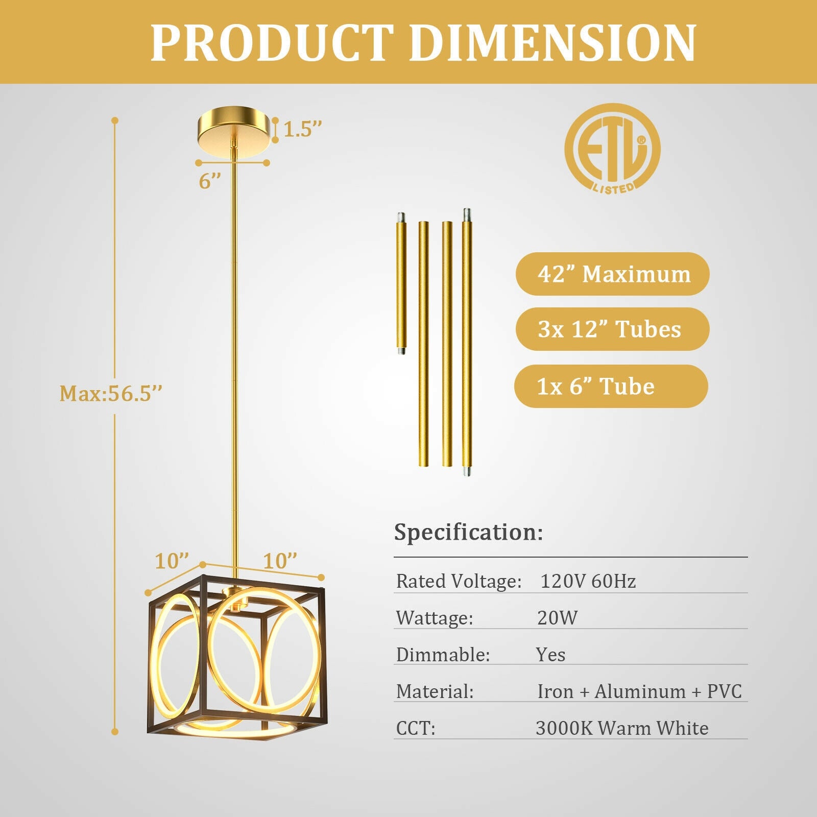 Modern LED Pendant Light with 42 Inches Adjustable Suspender, Golden Ceiling Lights at Gallery Canada