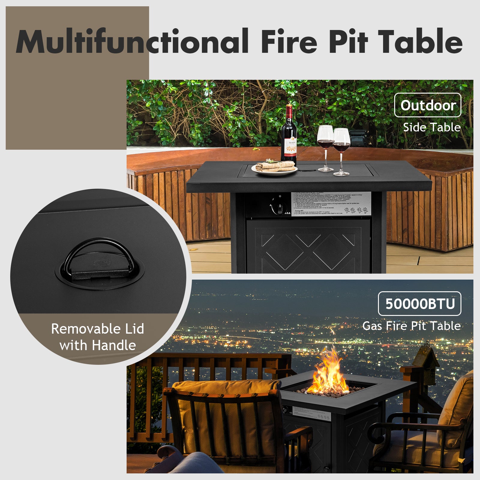 28 Inch Propane 50 000 BTU Patio Square Gas Fireplace with Lava Rock, Black Fire Pits at Gallery Canada
