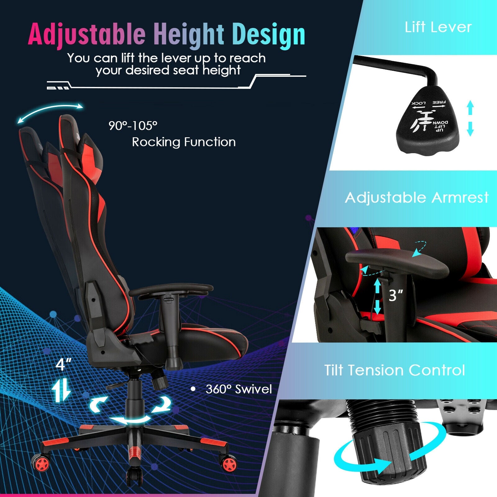 Gaming Chair Adjustable Swivel Computer Chair with Dynamic LED Lights, Red Gaming Chairs at Gallery Canada