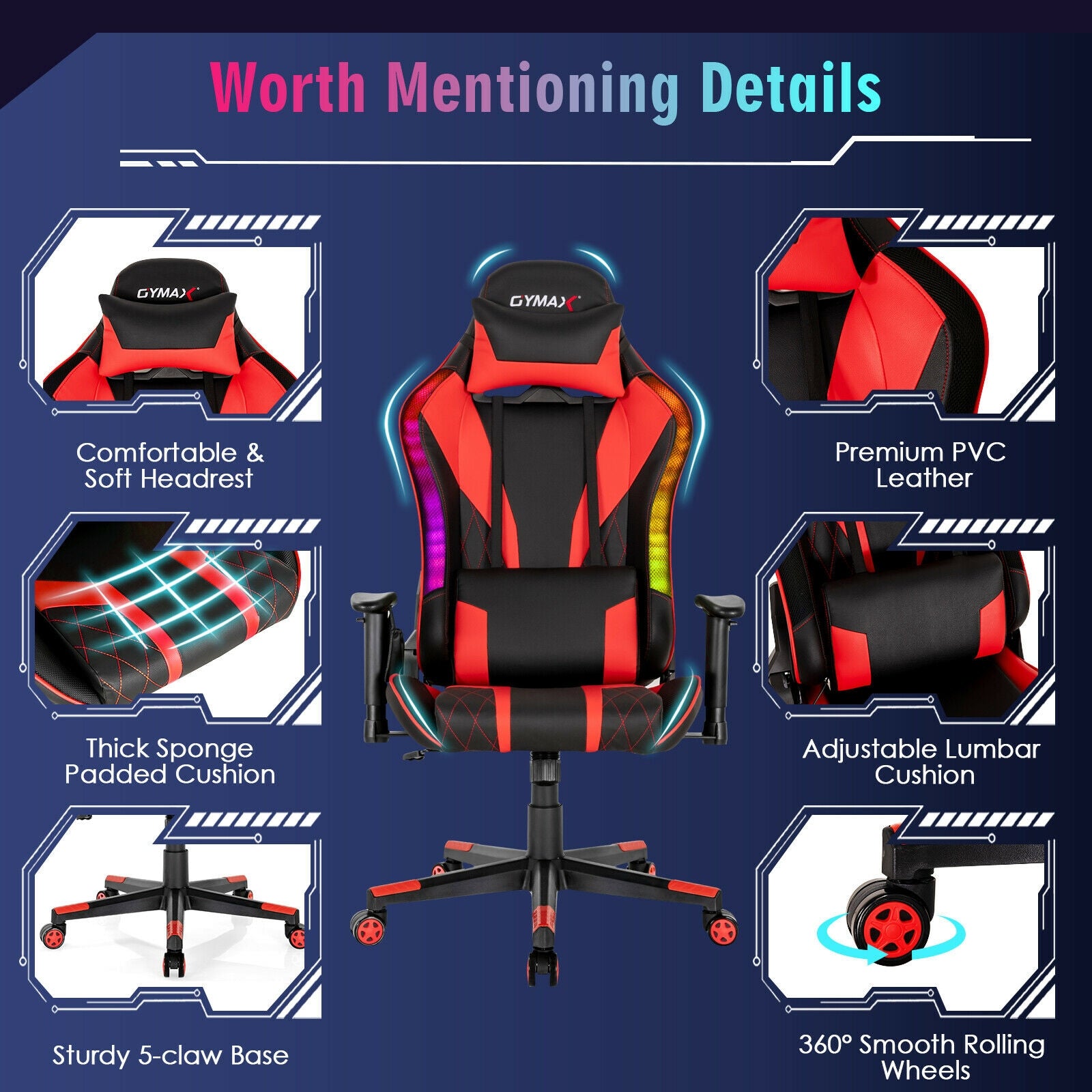 Gaming Chair Adjustable Swivel Computer Chair with Dynamic LED Lights, Red Gaming Chairs at Gallery Canada