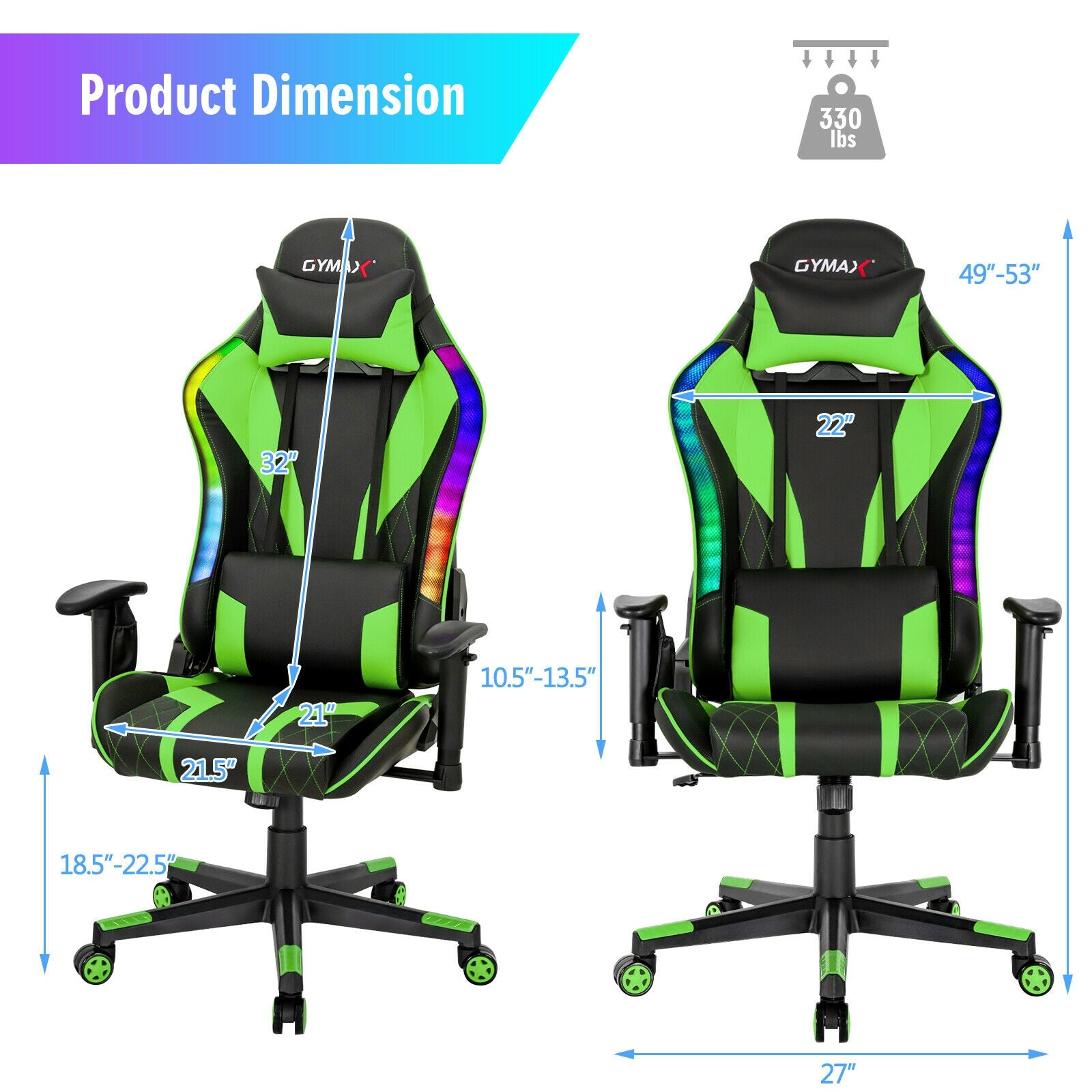 Gaming Chair Adjustable Swivel Computer Chair with Dynamic LED Lights, Green Gaming Chairs at Gallery Canada