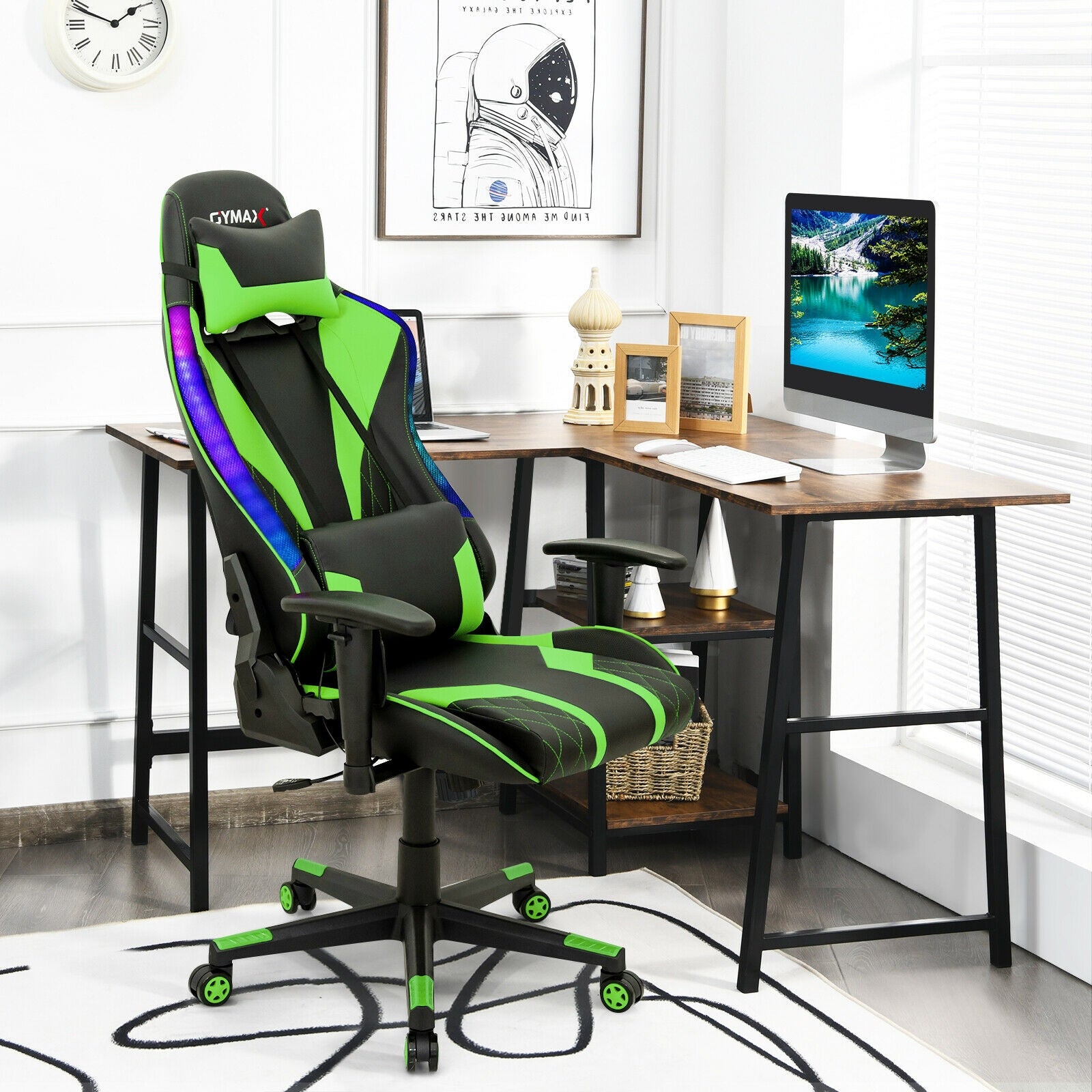 Gaming Chair Adjustable Swivel Computer Chair with Dynamic LED Lights, Green Gaming Chairs at Gallery Canada