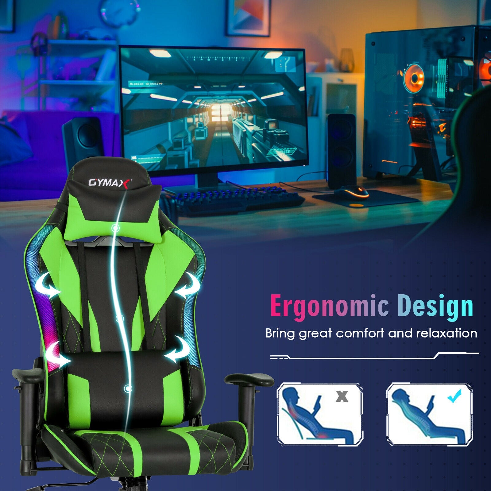 Gaming Chair Adjustable Swivel Computer Chair with Dynamic LED Lights, Green Gaming Chairs at Gallery Canada