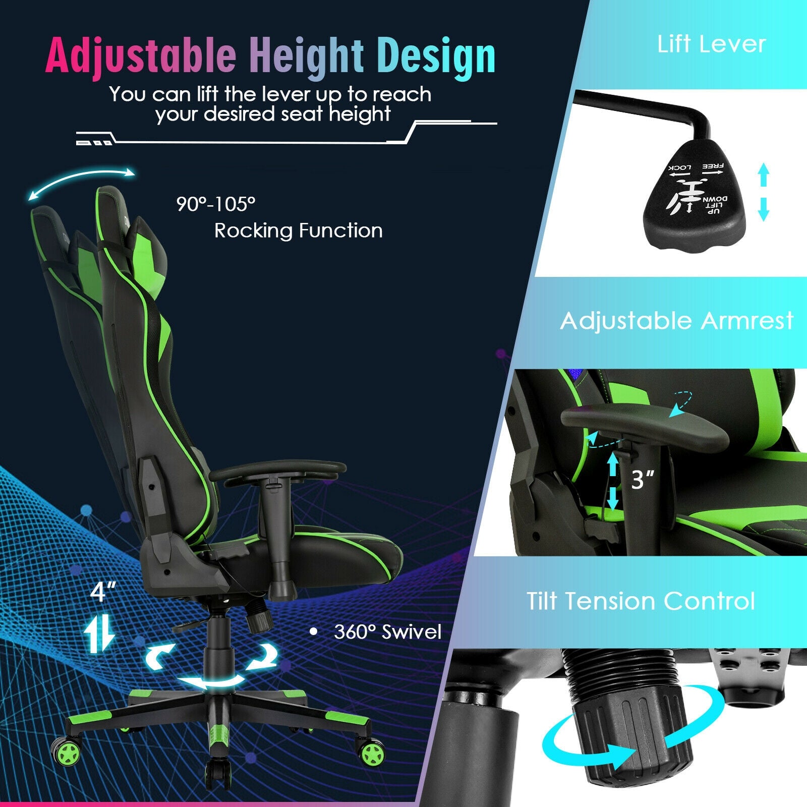 Gaming Chair Adjustable Swivel Computer Chair with Dynamic LED Lights, Green Gaming Chairs at Gallery Canada