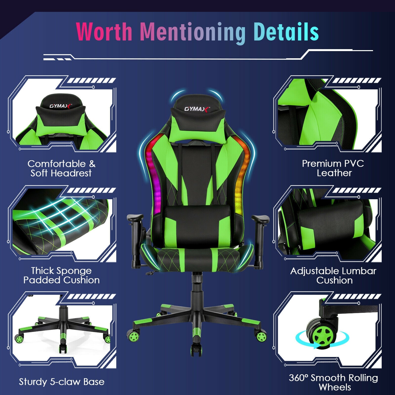 Gaming Chair Adjustable Swivel Computer Chair with Dynamic LED Lights, Green Gaming Chairs at Gallery Canada