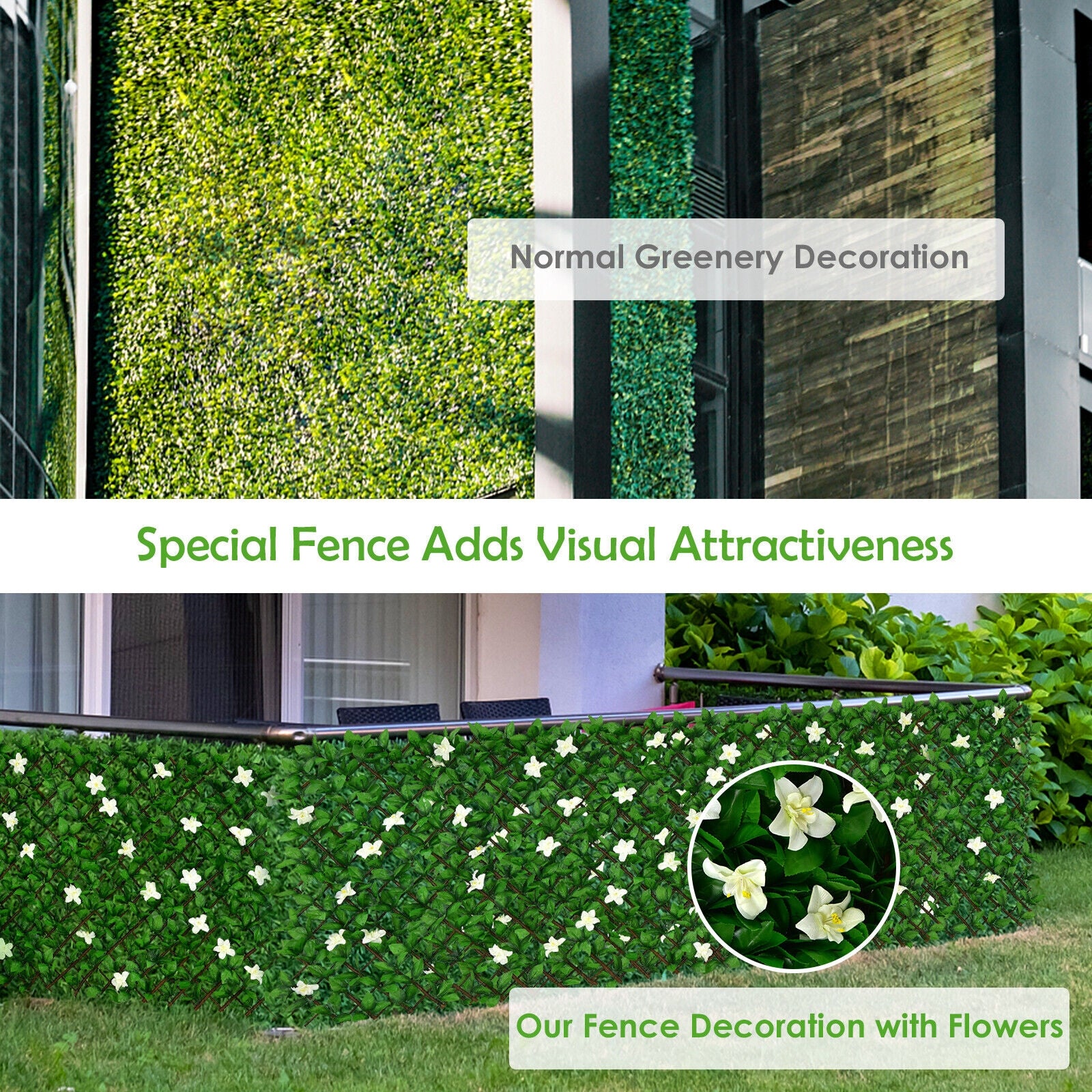 4 Pieces Expandable Faux Ivy Privacy Screen Fence Panel Pack with Flower, White Decorative Fencing & Flooring at Gallery Canada