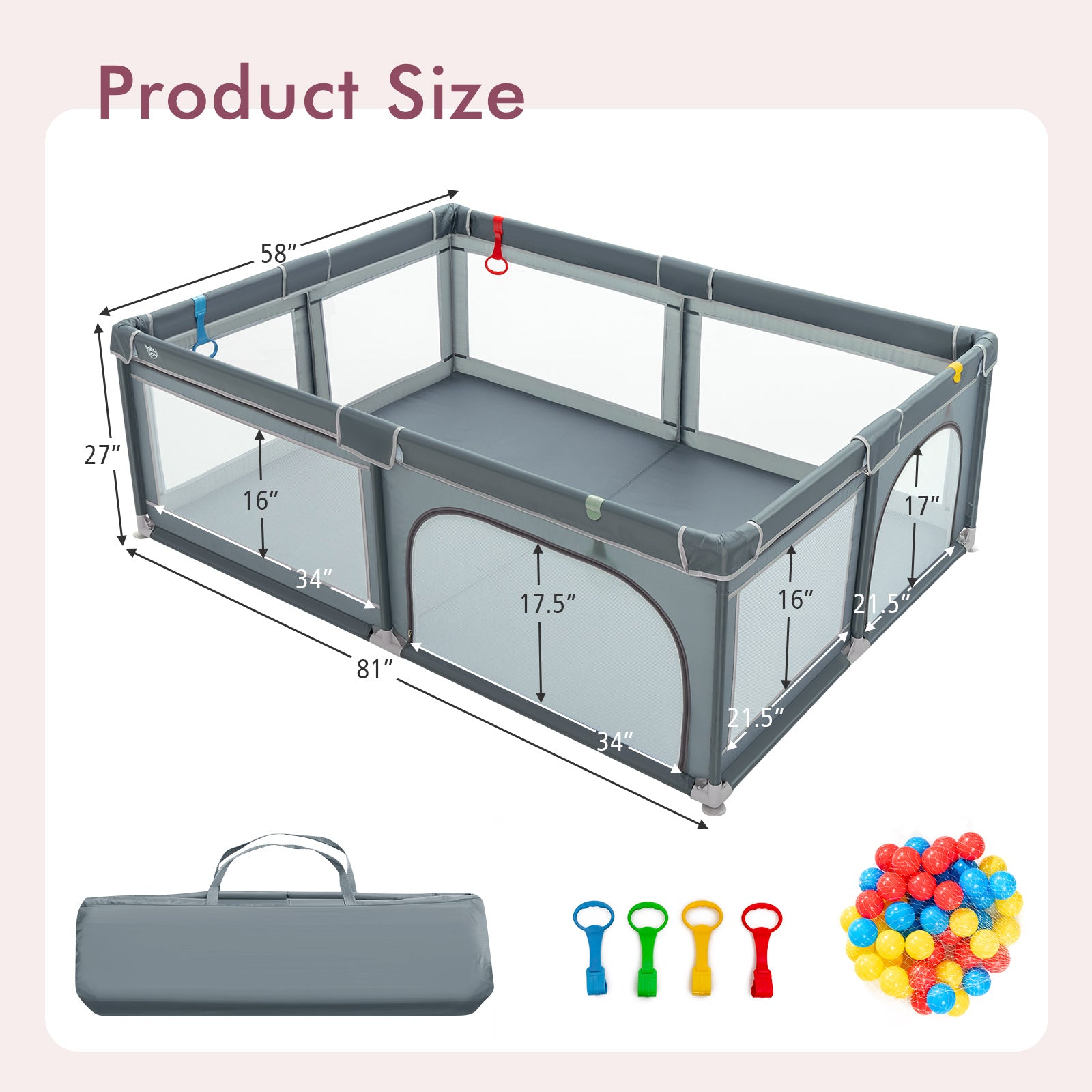 Portable Extra-Large Safety Baby Fence with Ocean Balls and Rings, Gray Baby Playpen & Playards at Gallery Canada