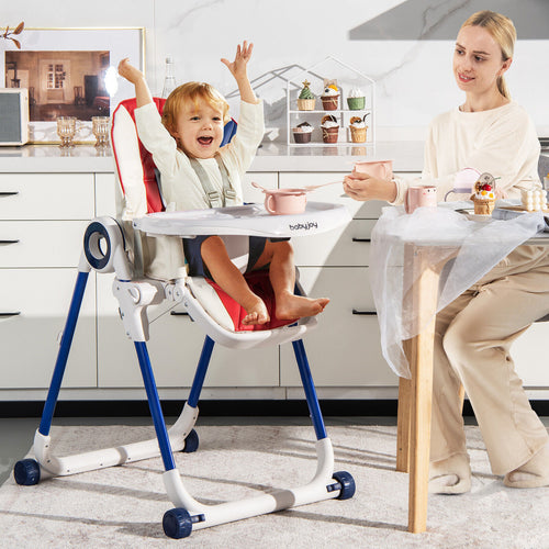 Baby High Chair Foldable Feeding Chair with 4 Lockable Wheels, Red