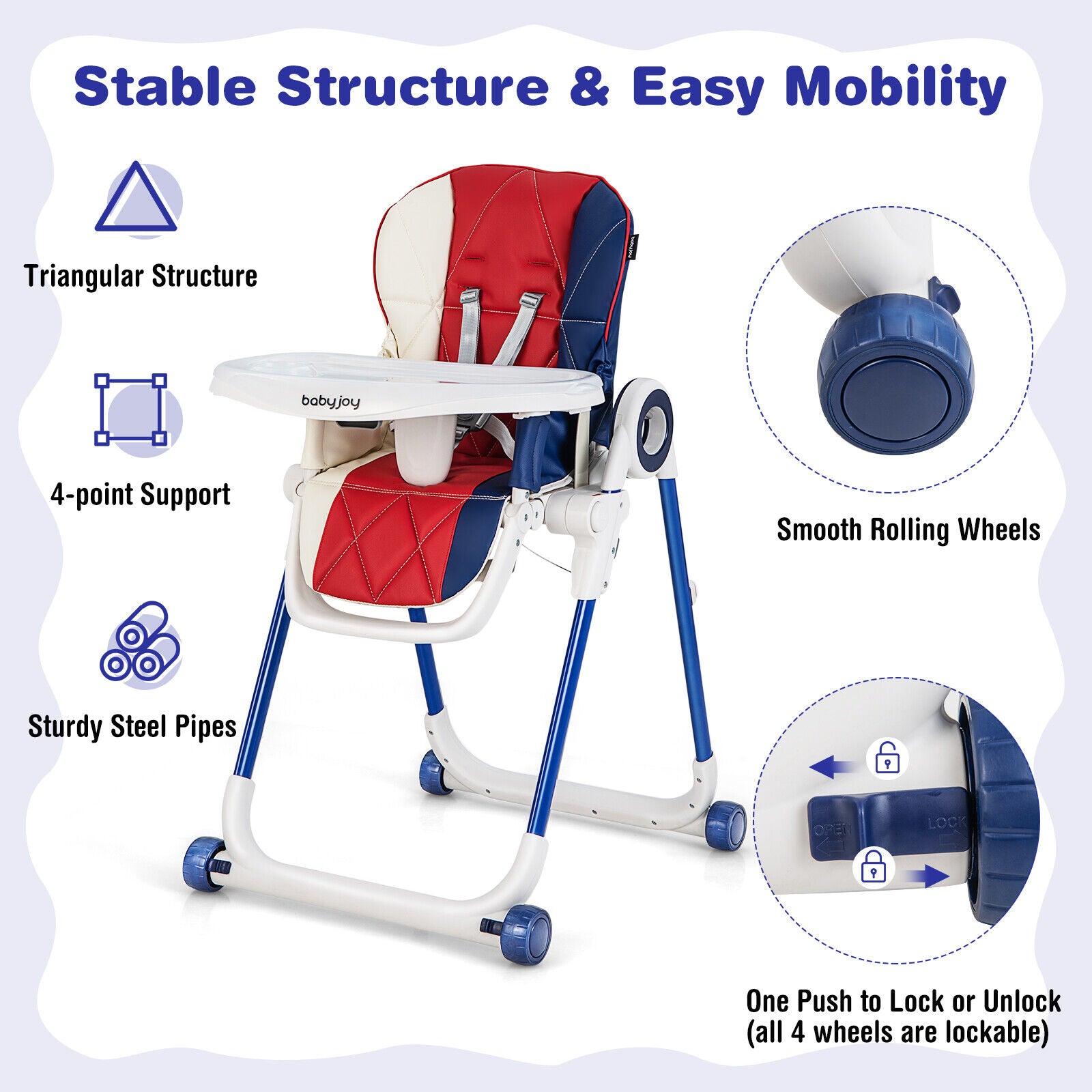 Baby High Chair Foldable Feeding Chair with 4 Lockable Wheels, Red High Chairs at Gallery Canada