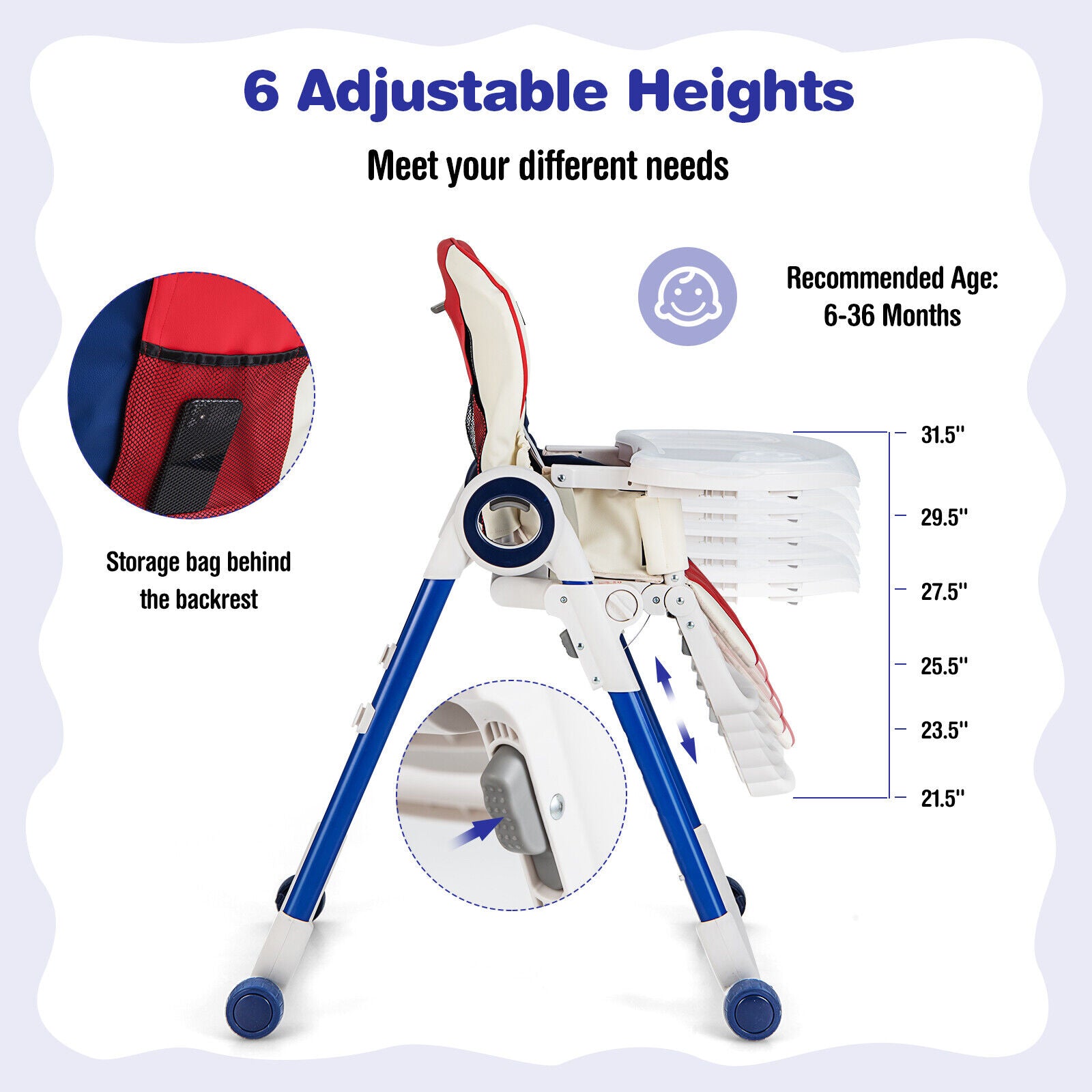Baby High Chair Foldable Feeding Chair with 4 Lockable Wheels, Red High Chairs at Gallery Canada